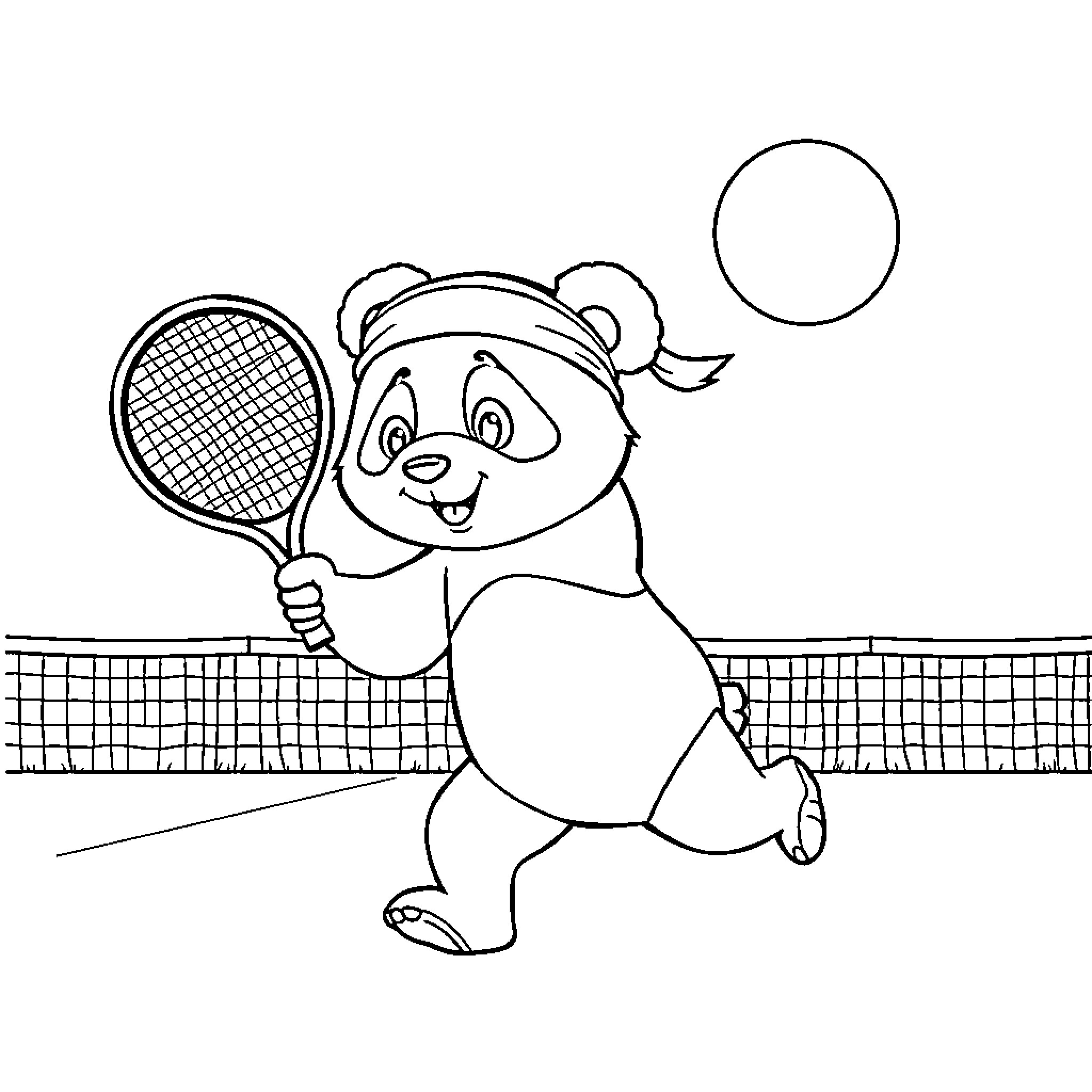 Panda playing tennis on the court Coloring Page (free black-and-white line drawing printable PDF for all, from beginners to advanced learners, including children, teens, adults, and seniors)