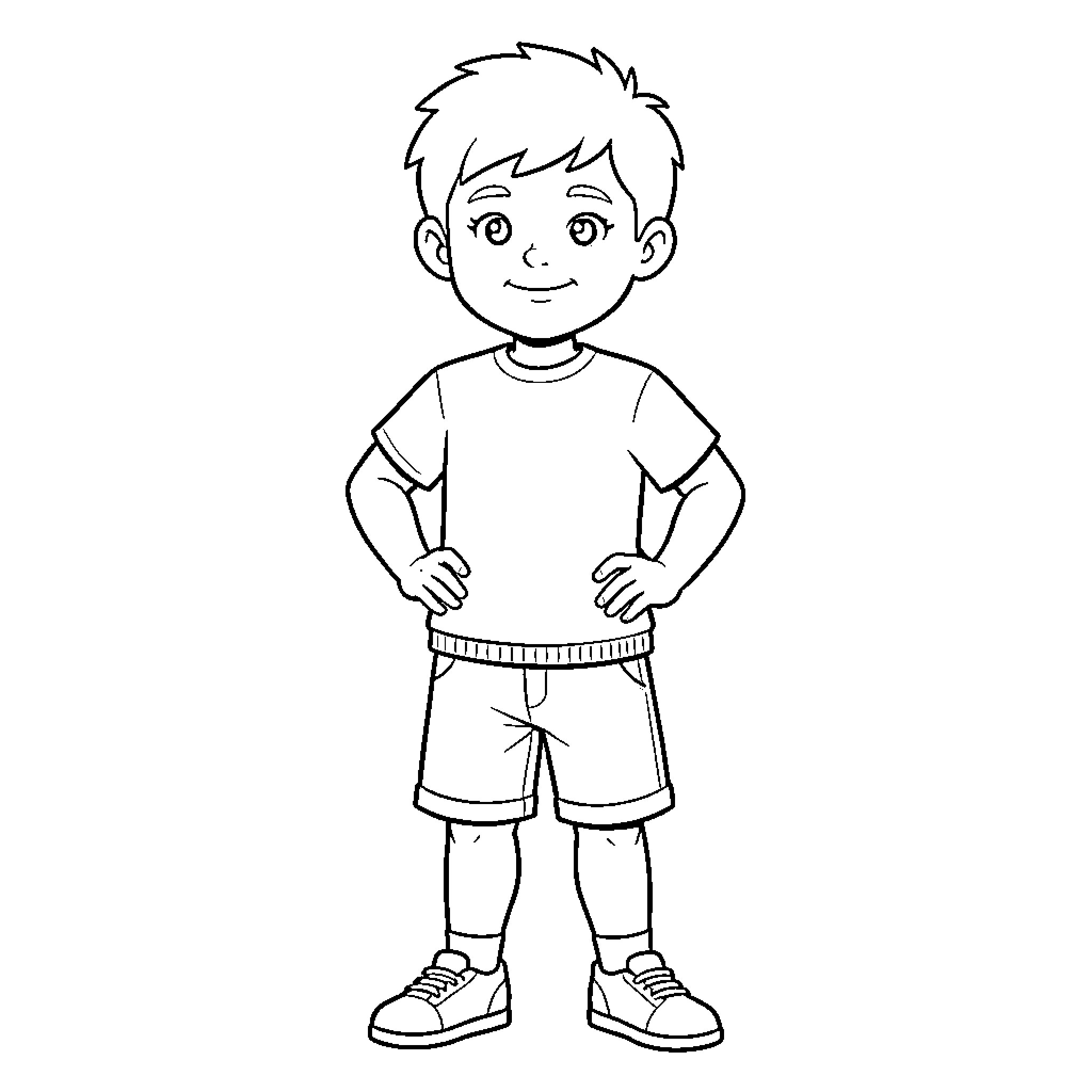 Shorty boy standing with confidence Coloring Page (free black-and-white line drawing printable PDF for all, from beginners to advanced learners, including children, teens, adults, and seniors)