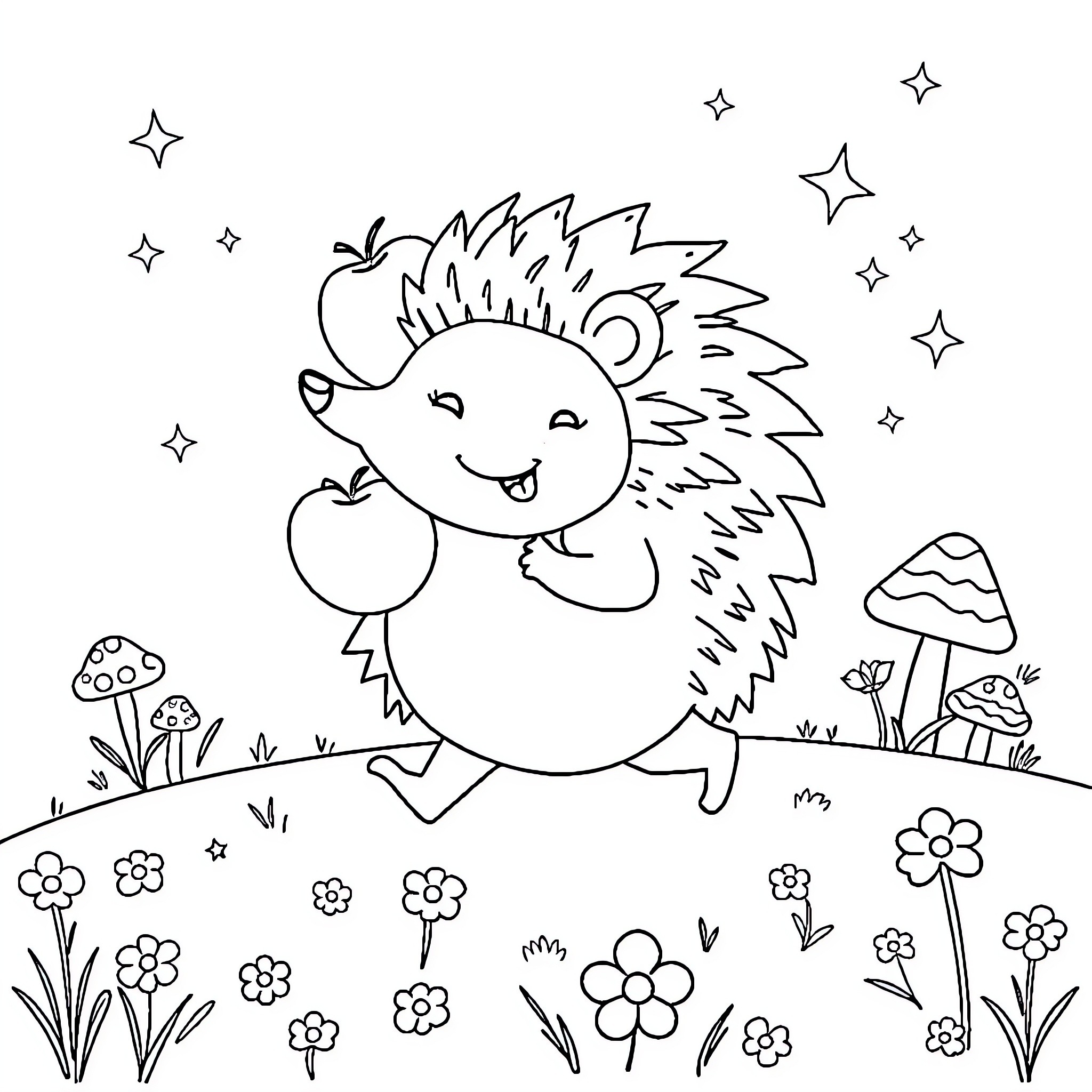 Hedgehog happily exploring nature with flowers Coloring Page (free black-and-white line drawing printable PDF for all, from beginners to advanced learners, including children, teens, adults, and seniors)