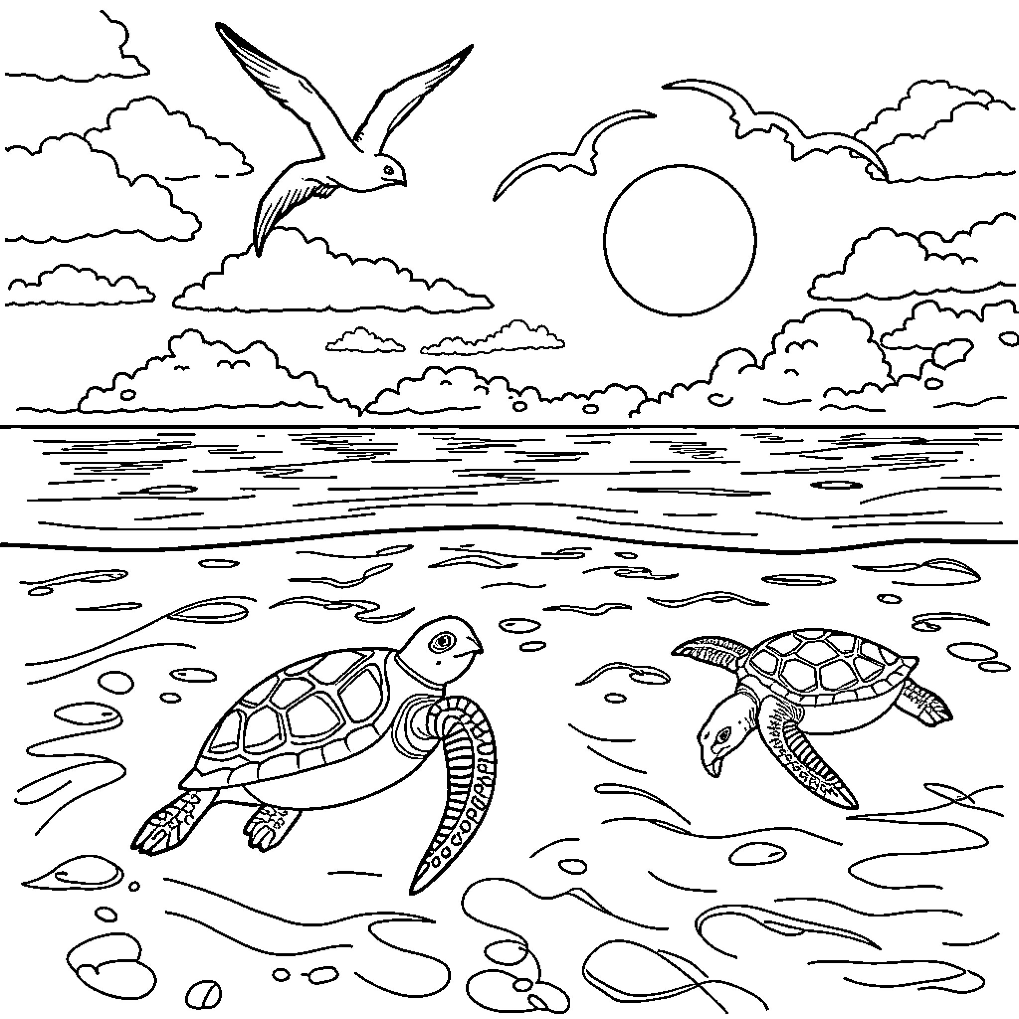 Seagulls soaring over serene ocean with turtles Coloring Page (free black-and-white line drawing printable PDF for all, from beginners to advanced learners, including children, teens, adults, and seniors)