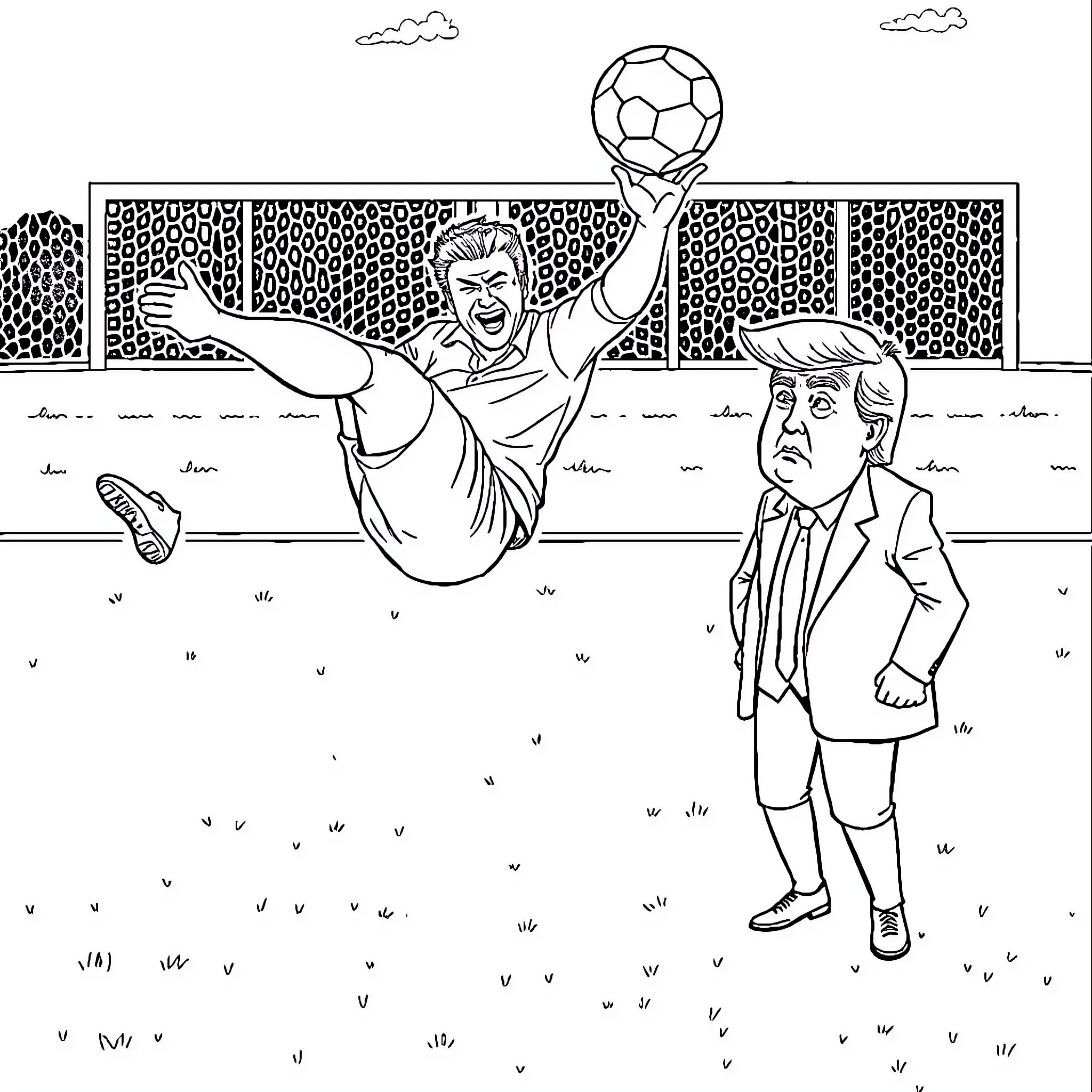 Jeremy Clarkson attempts acrobatic soccer move in front of Donald Trump Coloring Page (free black-and-white line drawing printable PDF for all, from beginners to advanced learners, including children, teens, adults, and seniors)