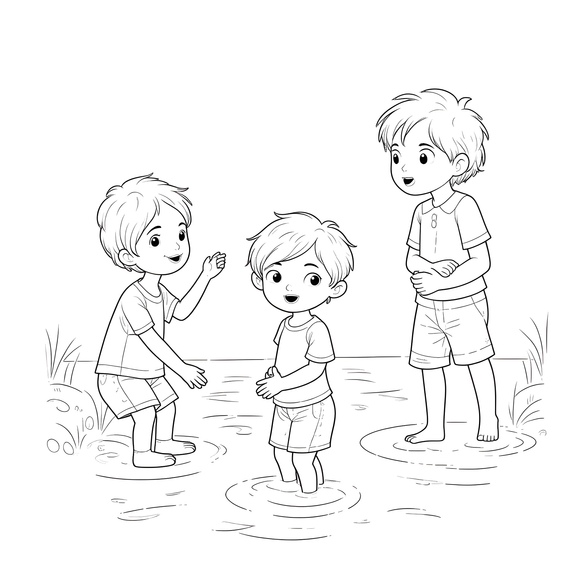 Children playing happily in a puddle Coloring Page (free black-and-white line drawing printable PDF for all, from beginners to advanced learners, including children, teens, adults, and seniors)