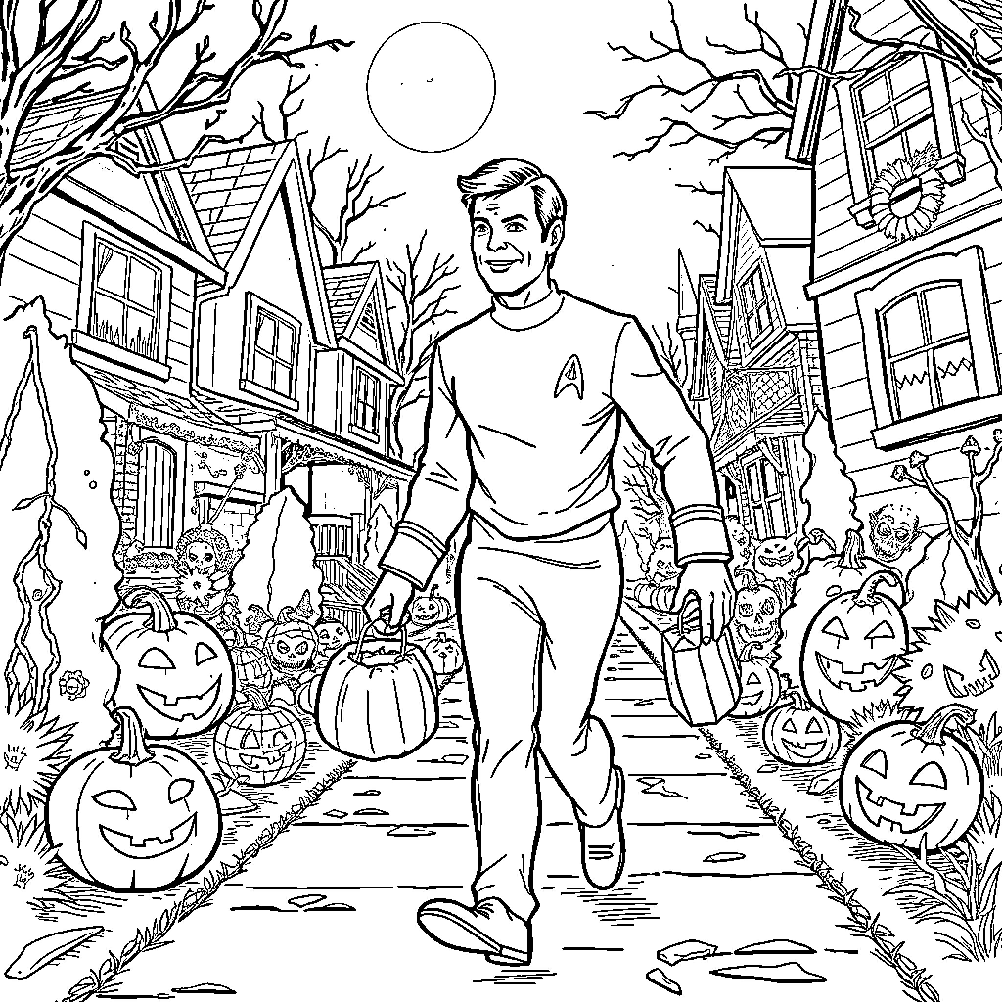 Captain Kirk's Halloween Adventure in the Neighborhood Coloring Page (free black-and-white line drawing printable PDF for all, from beginners to advanced learners, including children, teens, adults, and seniors)
