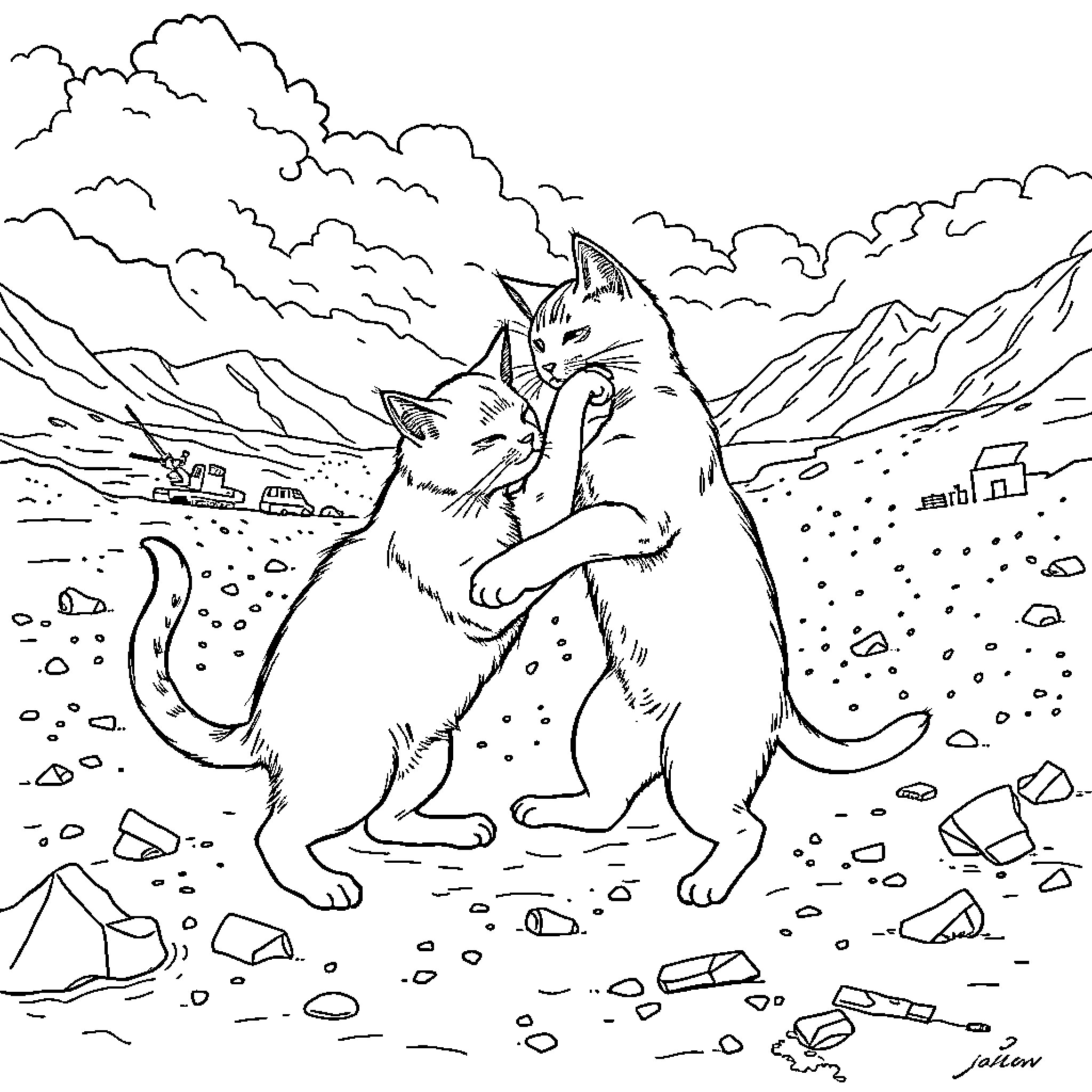 Cats exploring the mountainous landscape Coloring Page (free black-and-white line drawing printable PDF for all, from beginners to advanced learners, including children, teens, adults, and seniors)