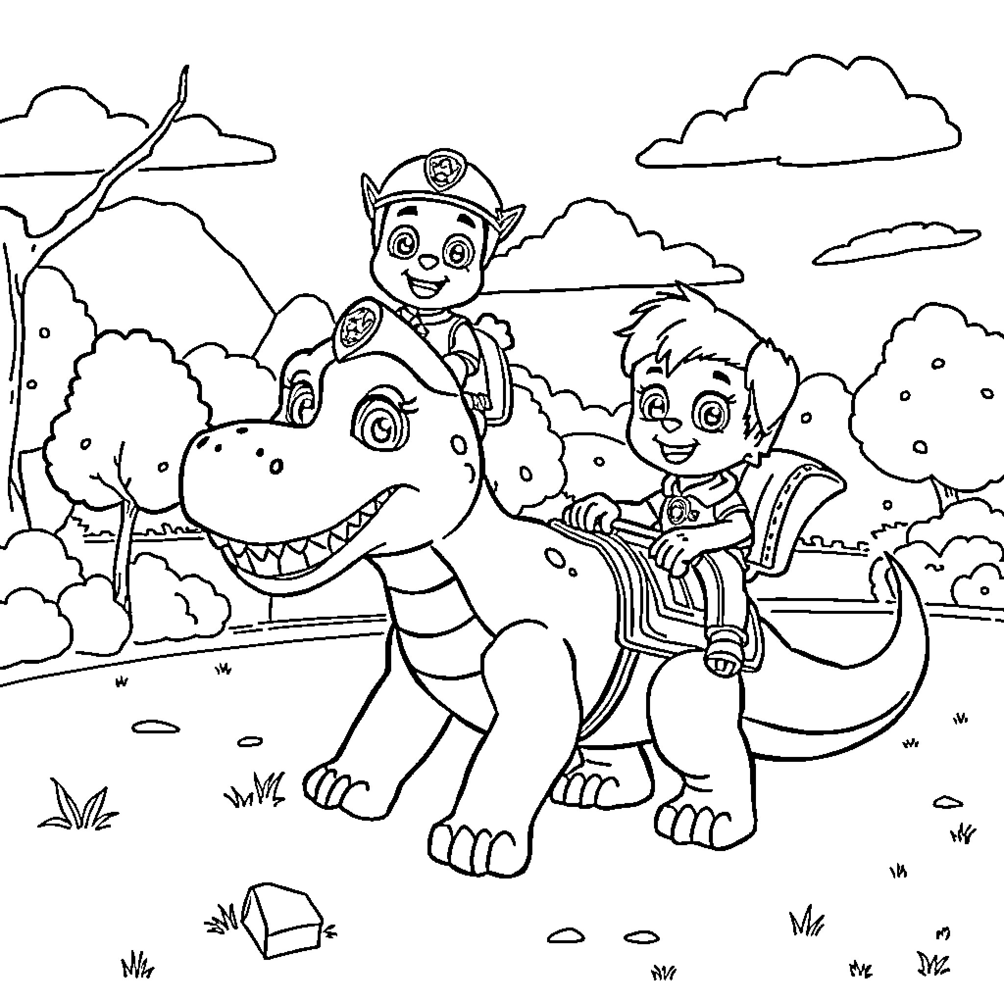 Diplodocus dinosaur ride with children in nature Coloring Page (free black-and-white line drawing printable PDF for all, from beginners to advanced learners, including children, teens, adults, and seniors)