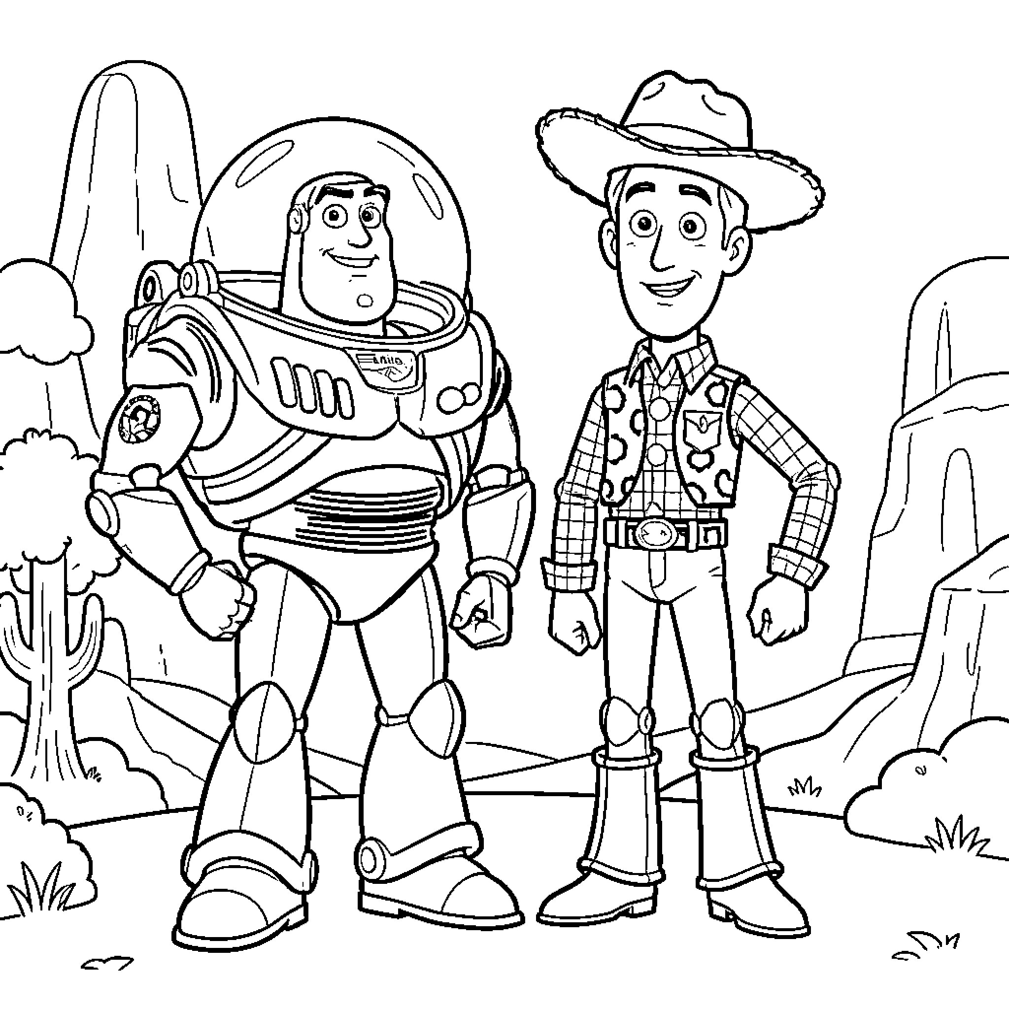 Buzz and Woody smiling together in a desert landscape Coloring Page (free black-and-white line drawing printable PDF for all, from beginners to advanced learners, including children, teens, adults, and seniors)