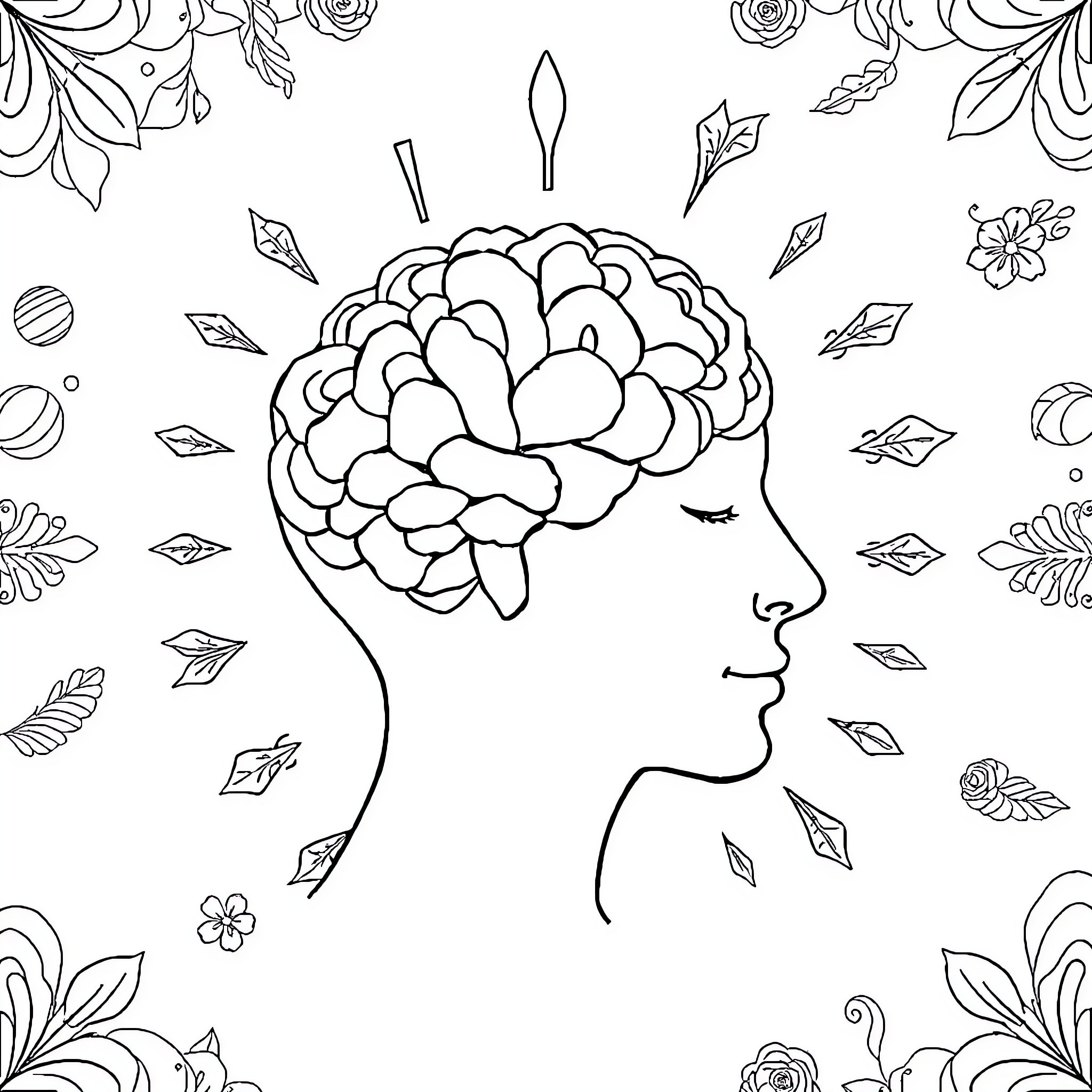 Mental Health: Blossoming Mind's Artistic Journey Coloring Page (free black-and-white line drawing printable PDF for all, from beginners to advanced learners, including children, teens, adults, and seniors)