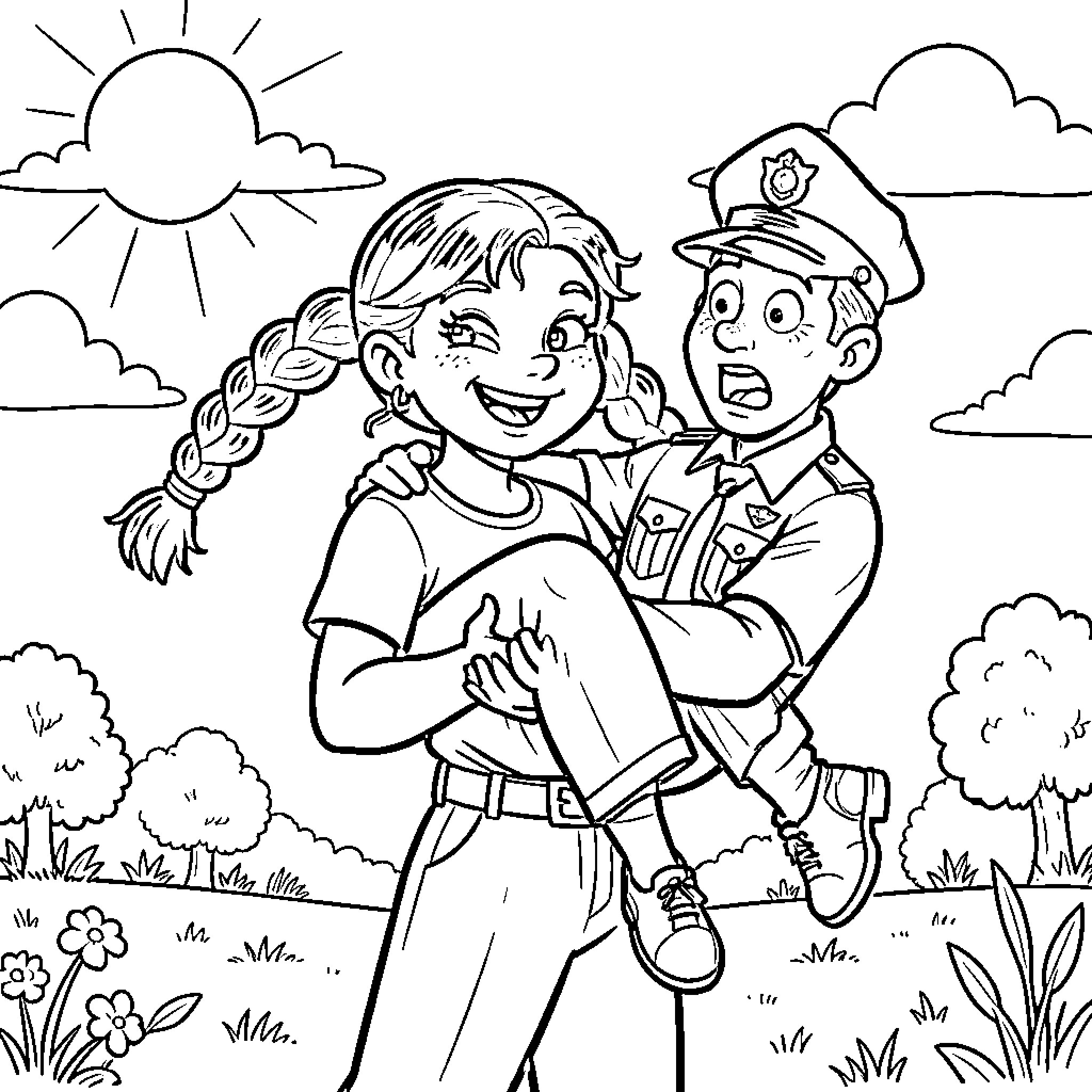 Pippi Langstrumpf's Outdoor Adventure with a Police Officer Coloring Page (free black-and-white line drawing printable PDF for all, from beginners to advanced learners, including children, teens, adults, and seniors)