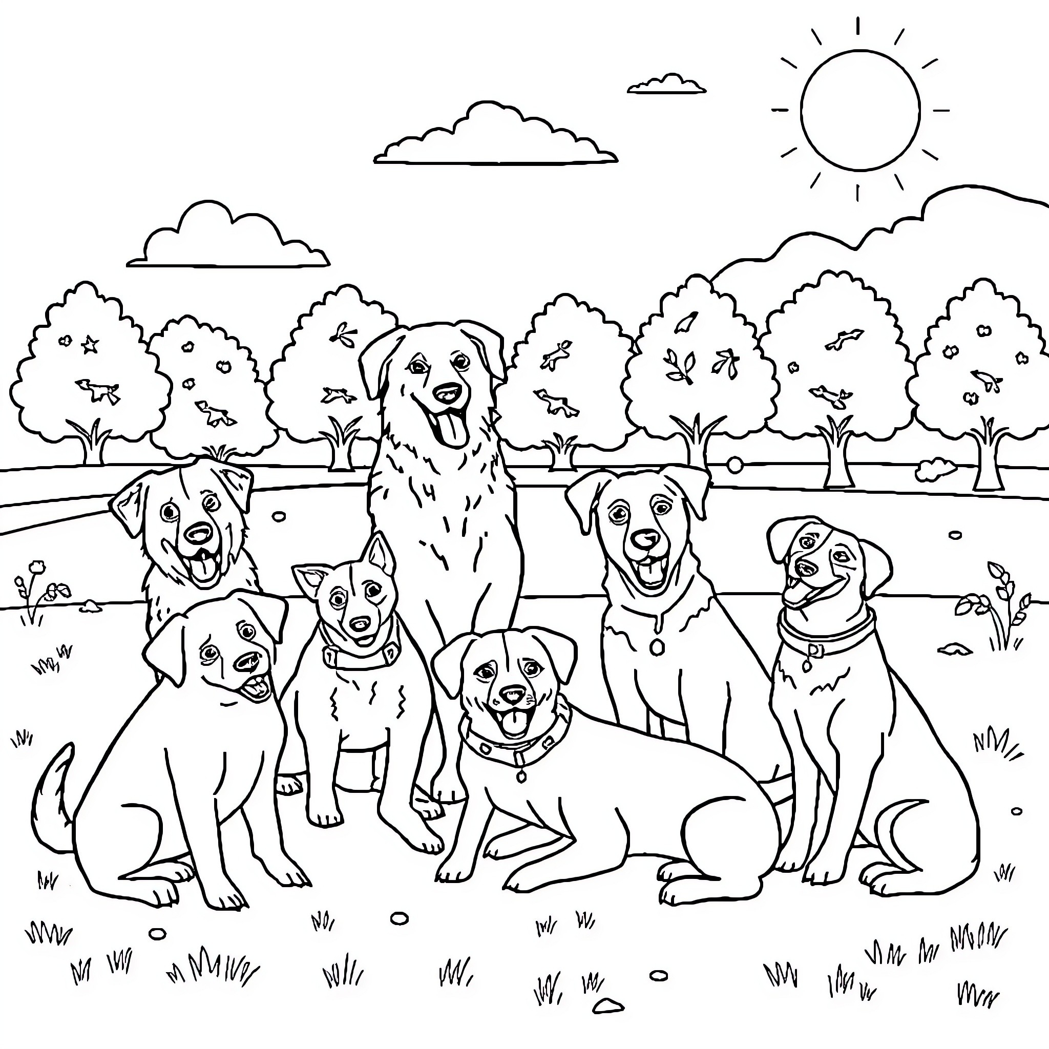 Dog friends enjoying a sunny day outdoors Coloring Page (free black-and-white line drawing printable PDF for all, from beginners to advanced learners, including children, teens, adults, and seniors)
