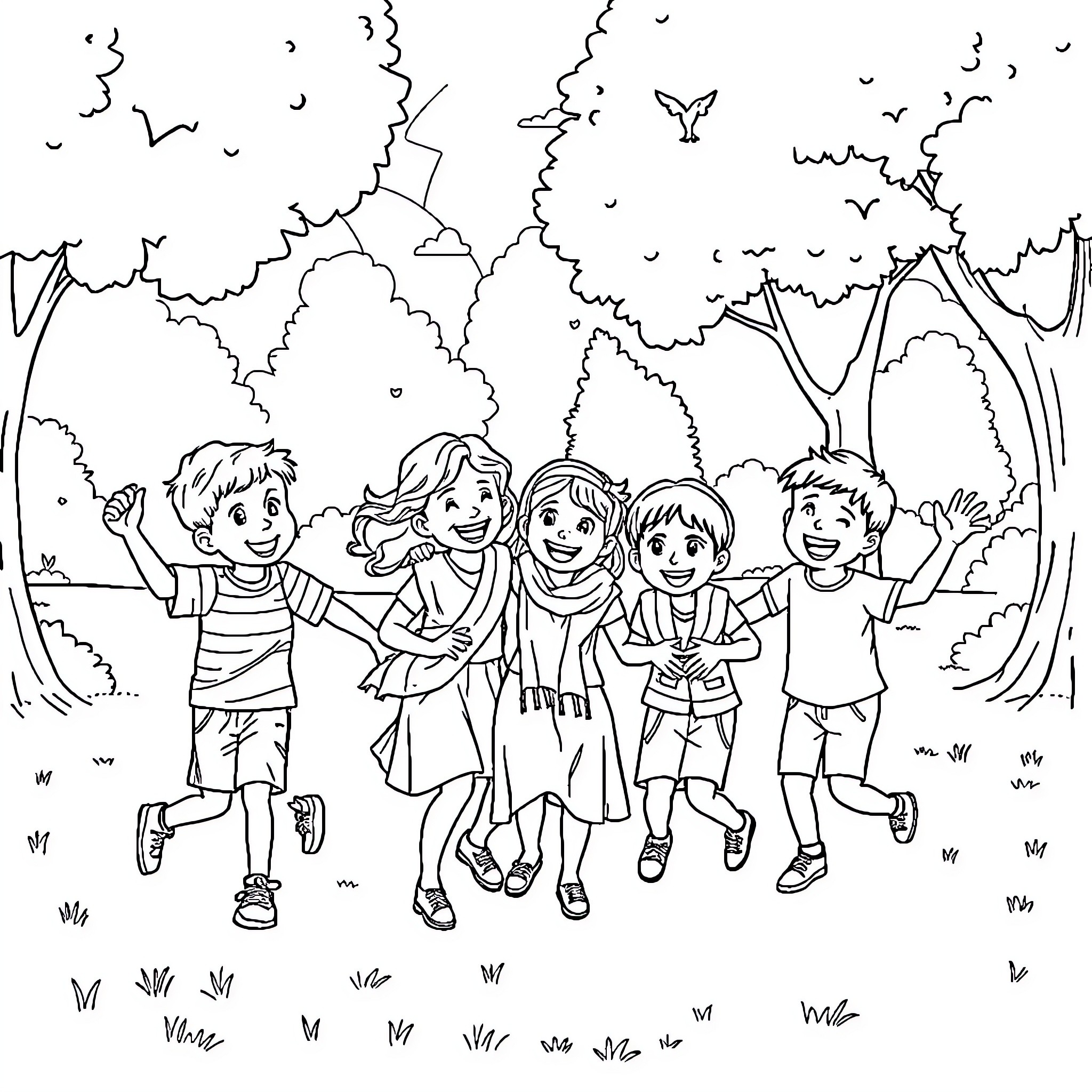 Kid friends exploring the outdoors together Coloring Page (free black-and-white line drawing printable PDF for all, from beginners to advanced learners, including children, teens, adults, and seniors)