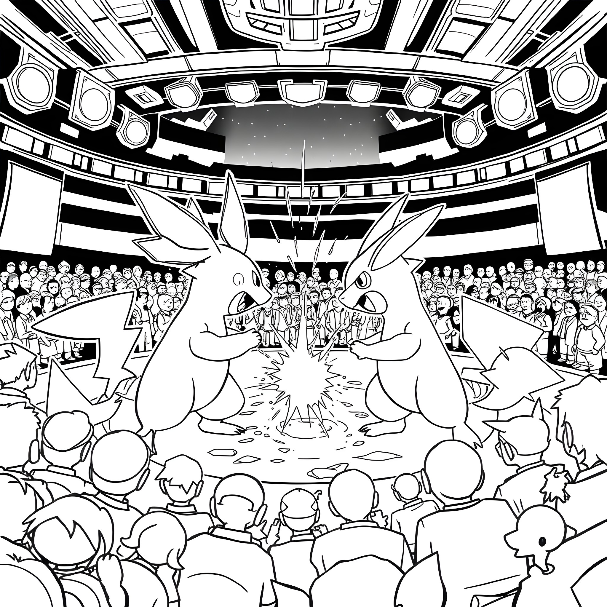Pokémon Battle Tournament in the Stadium Coloring Page (free black-and-white line drawing printable PDF for all, from beginners to advanced learners, including children, teens, adults, and seniors)