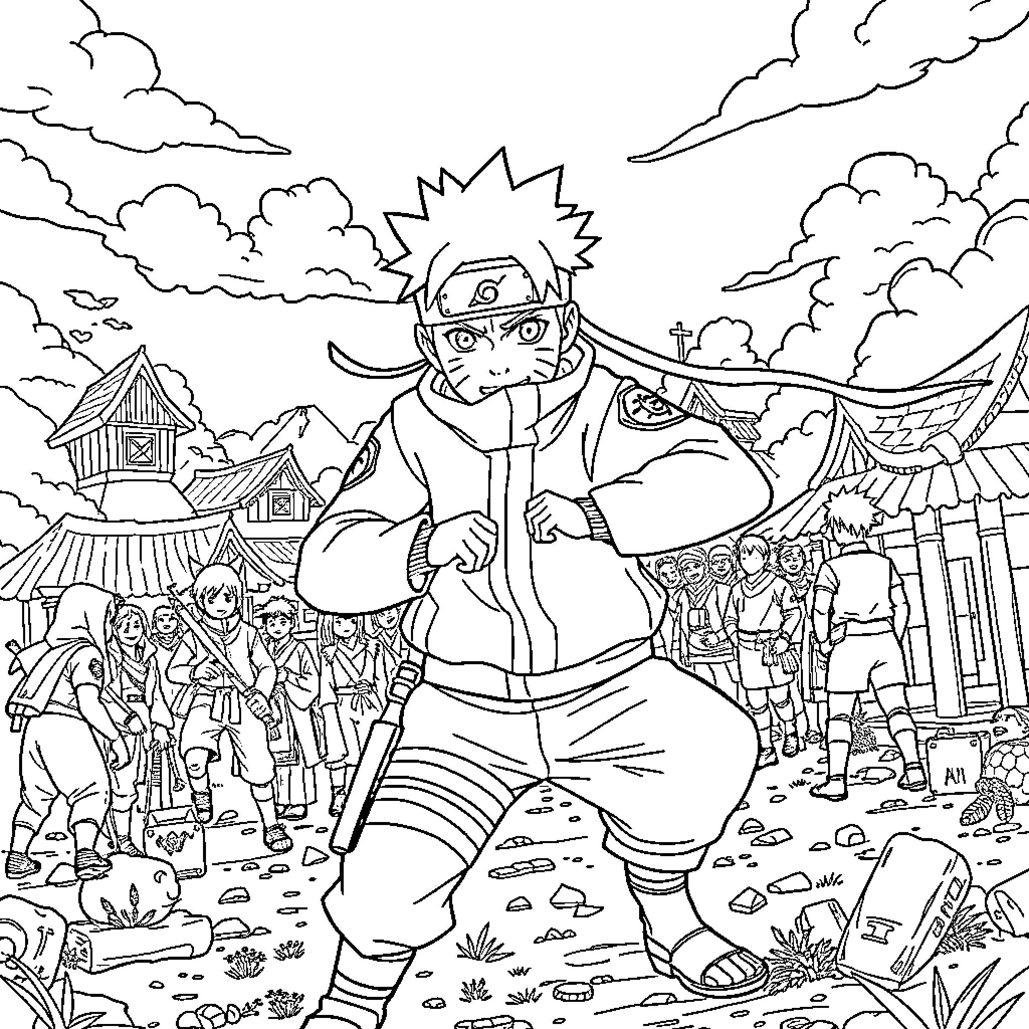 Naruto adventuring in a village with friends Coloring Page (free black-and-white line drawing printable PDF for all, from beginners to advanced learners, including children, teens, adults, and seniors)