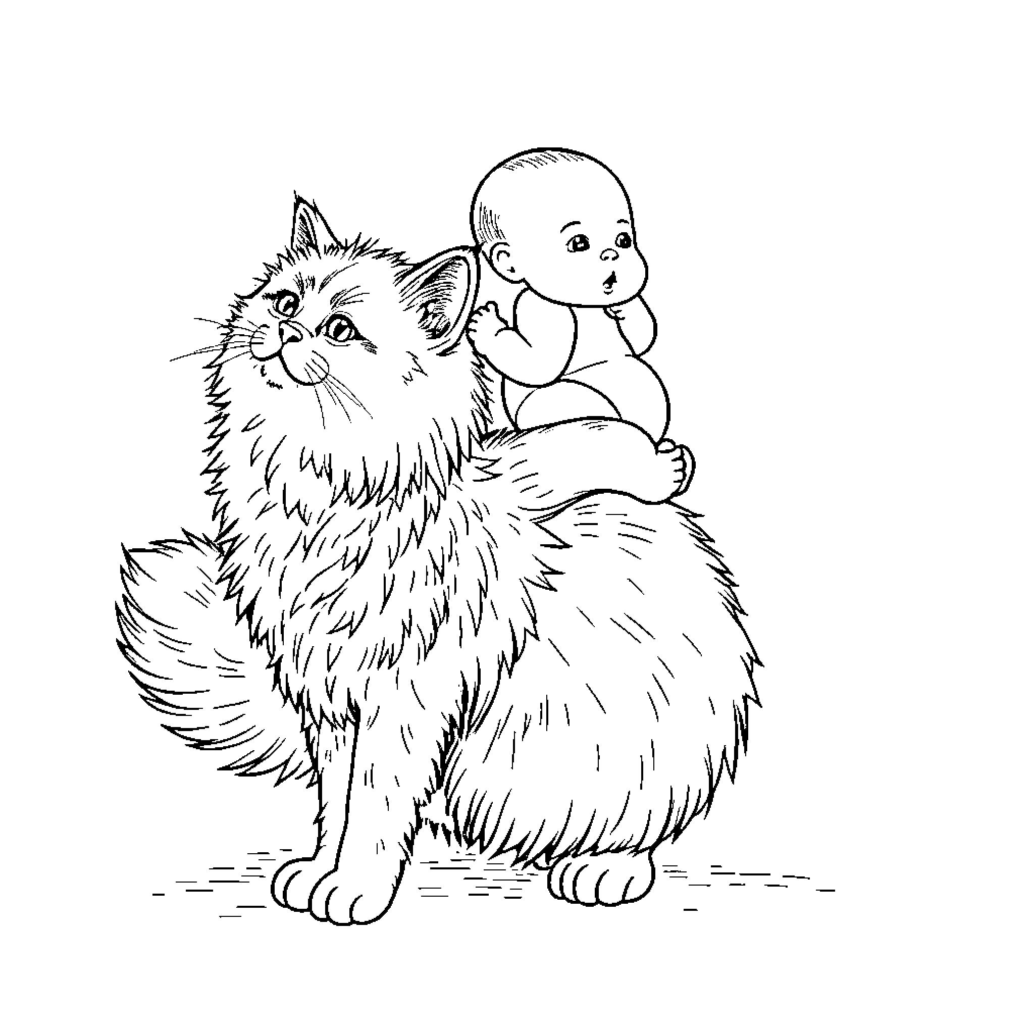 Cat and baby playing together Coloring Page (free black-and-white line drawing printable PDF for all, from beginners to advanced learners, including children, teens, adults, and seniors)