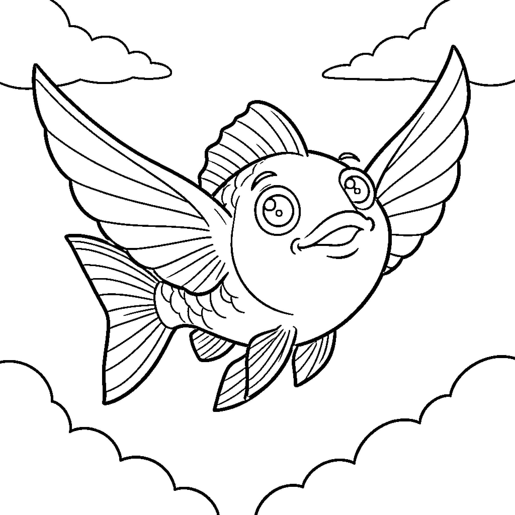 Pout Pout Fish flying happily through the clouds Coloring Page (free black-and-white line drawing printable PDF for all, from beginners to advanced learners, including children, teens, adults, and seniors)