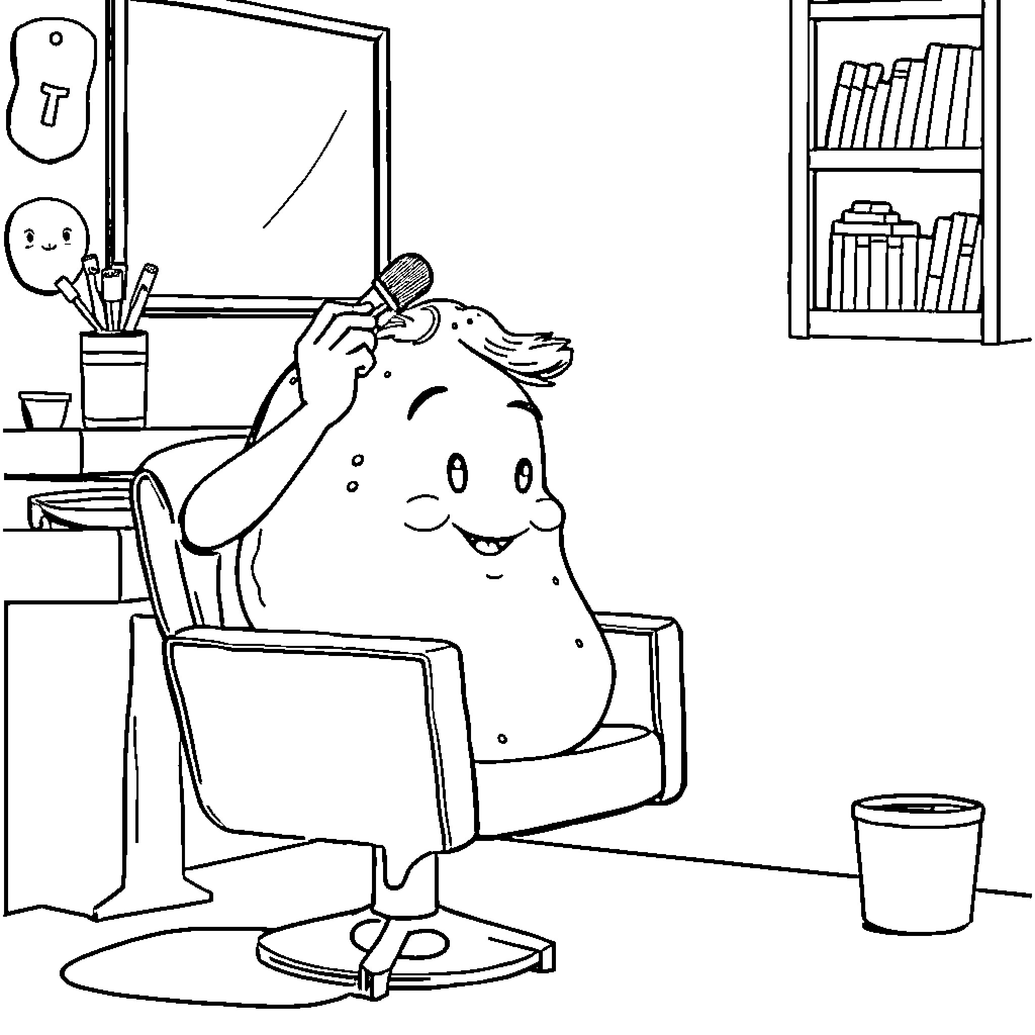 Potato having fun in his office Coloring Page (free black-and-white line drawing printable PDF for all, from beginners to advanced learners, including children, teens, adults, and seniors)