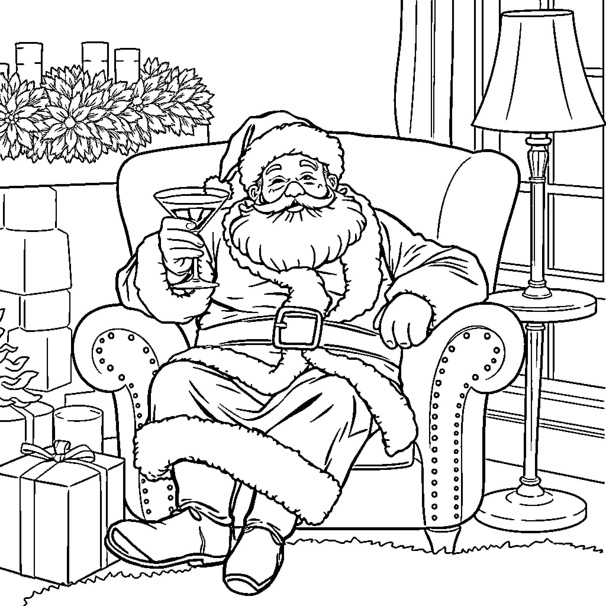 Santa relaxing with a cup of hot beverage Coloring Page (free black-and-white line drawing printable PDF for all, from beginners to advanced learners, including children, teens, adults, and seniors)