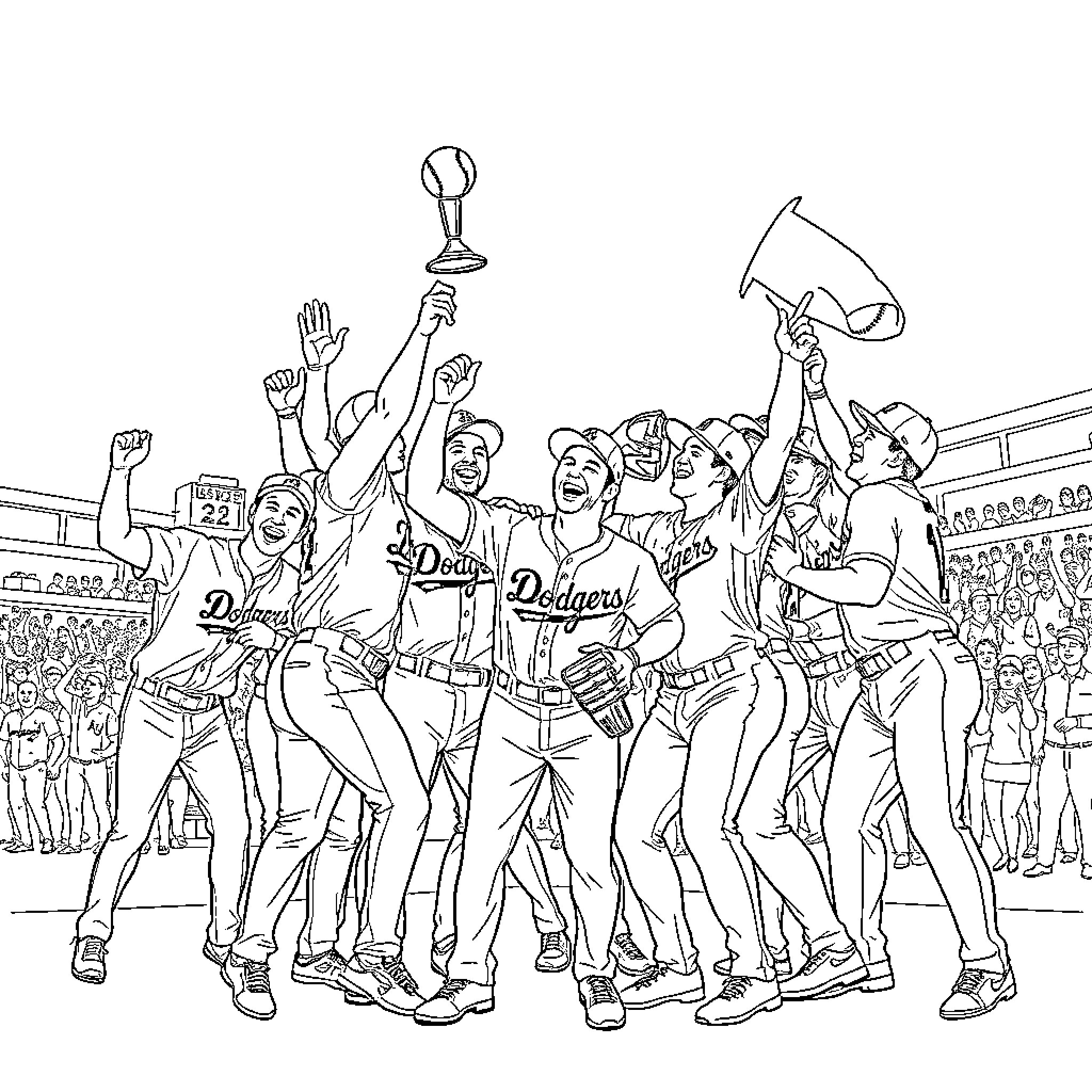 Dodgers Celebrate Victorious Moment at the Stadium Coloring Page (free black-and-white line drawing printable PDF for all, from beginners to advanced learners, including children, teens, adults, and seniors)