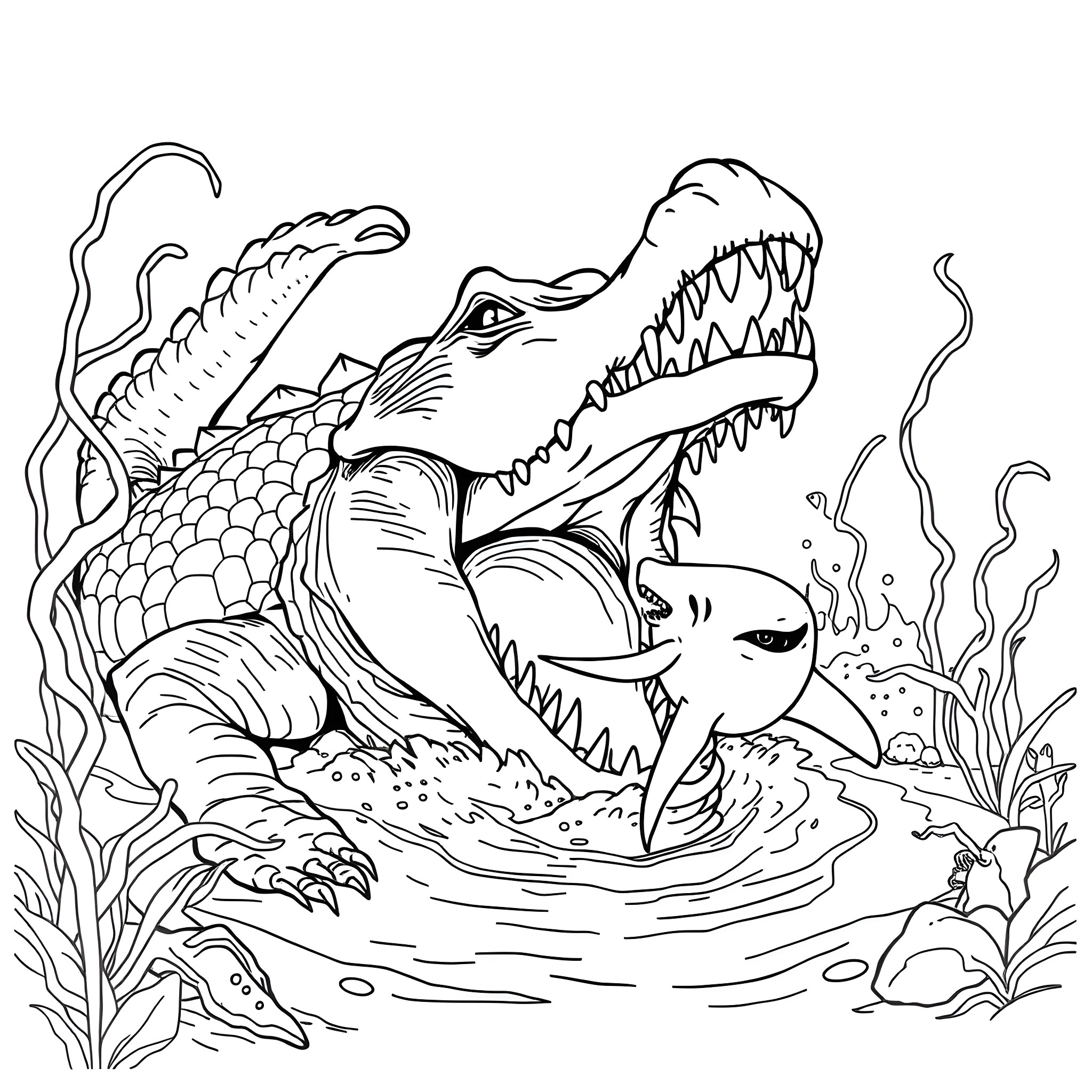 Crocodile hunting in the swamp Coloring Page (free black-and-white line drawing printable PDF for all, from beginners to advanced learners, including children, teens, adults, and seniors)