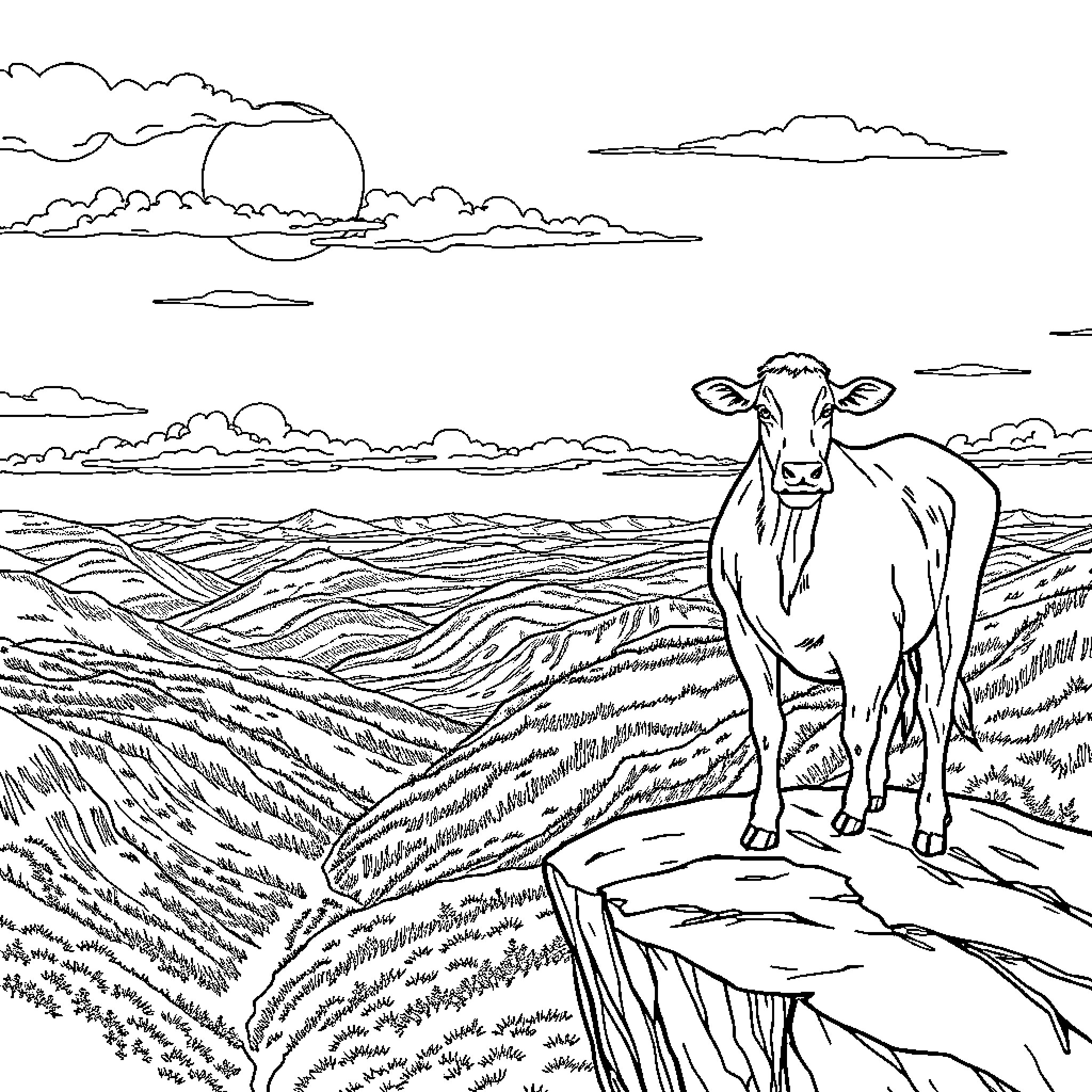 Cow standing proudly on a cliff overlooking the countryside Coloring Page (free black-and-white line drawing printable PDF for all, from beginners to advanced learners, including children, teens, adults, and seniors)