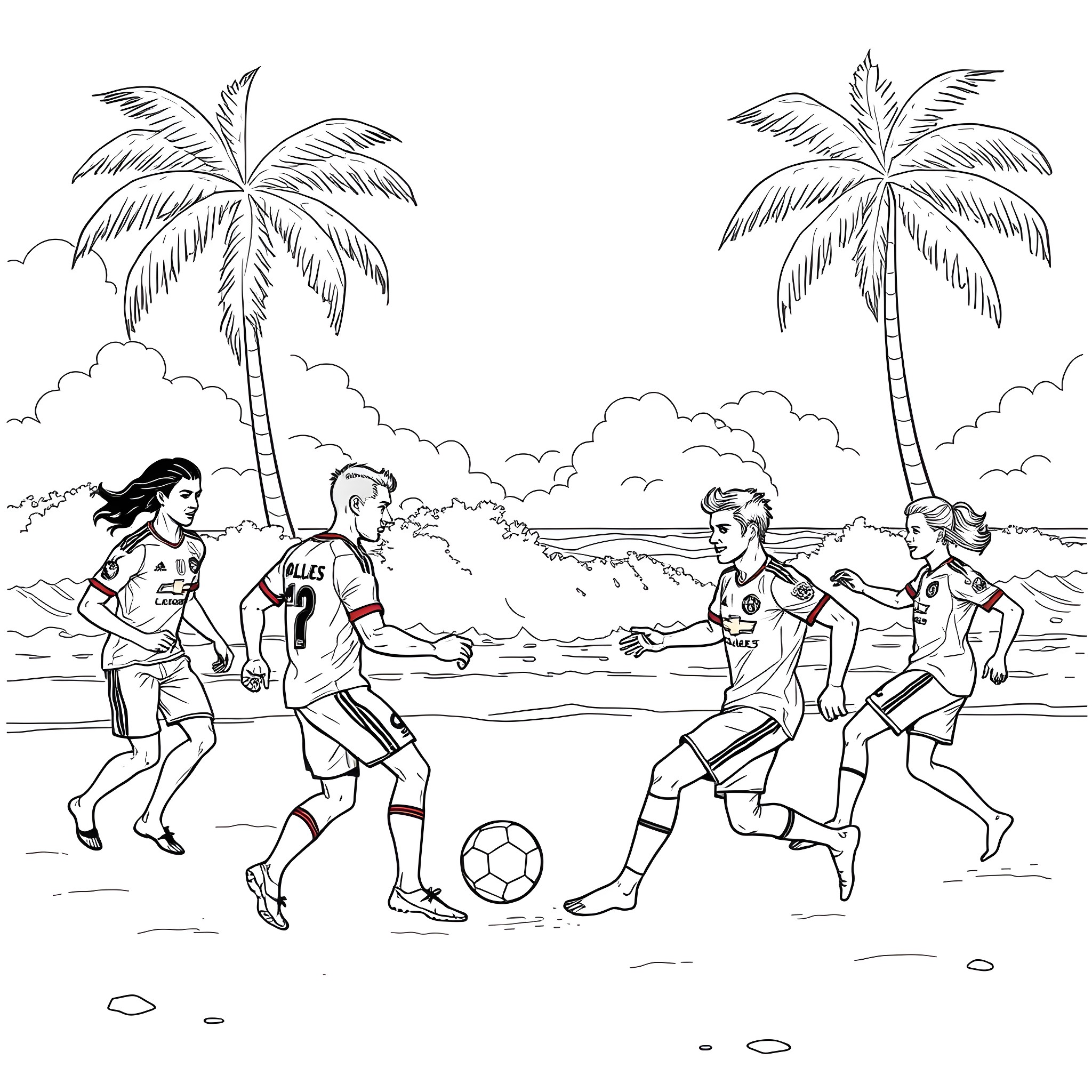 Manchester United players competing in a beach soccer match Coloring Page (free black-and-white line drawing printable PDF for all, from beginners to advanced learners, including children, teens, adults, and seniors)