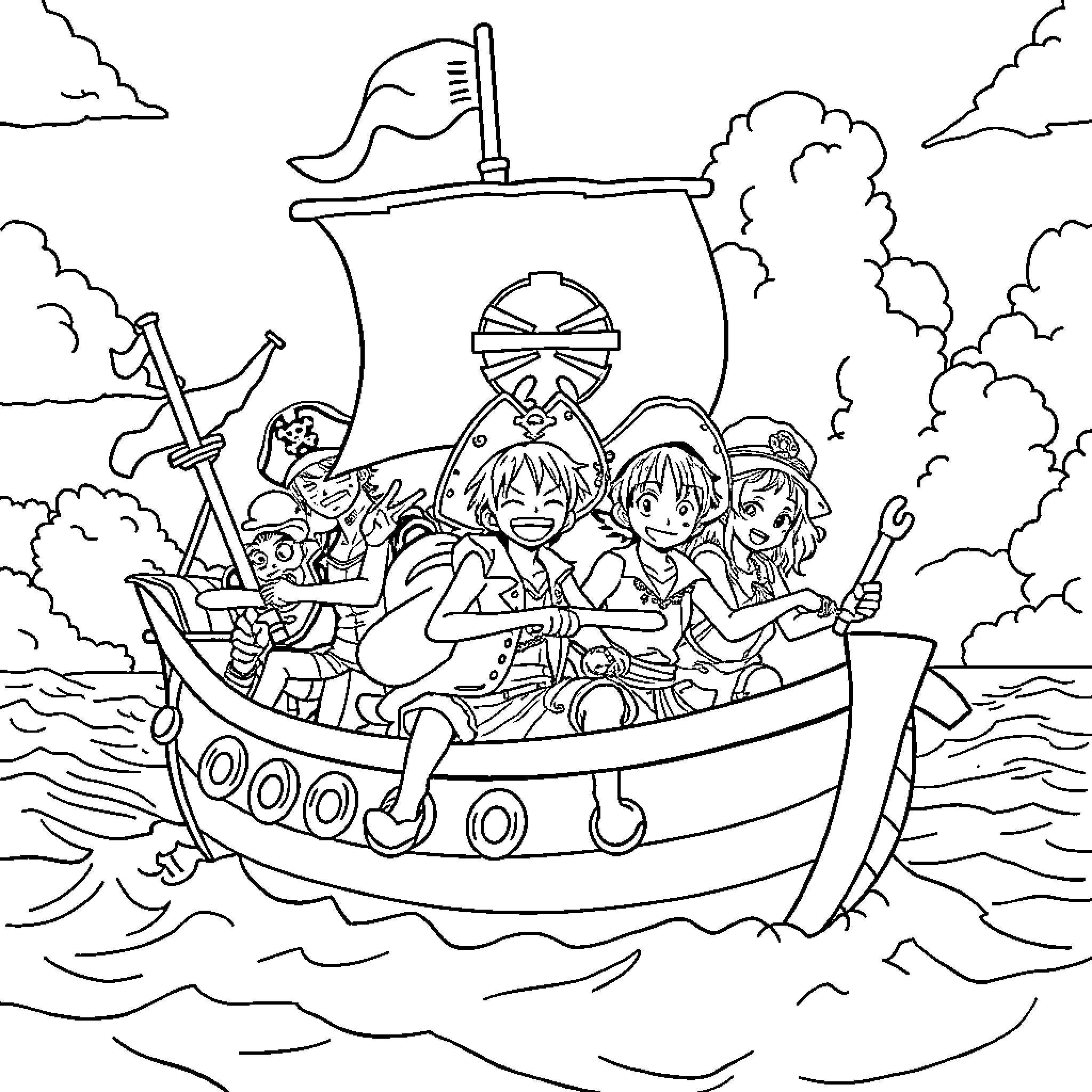 One Piece Group Sailing on Ship Coloring Page (free black-and-white line drawing printable PDF for all, from beginners to advanced learners, including children, teens, adults, and seniors)