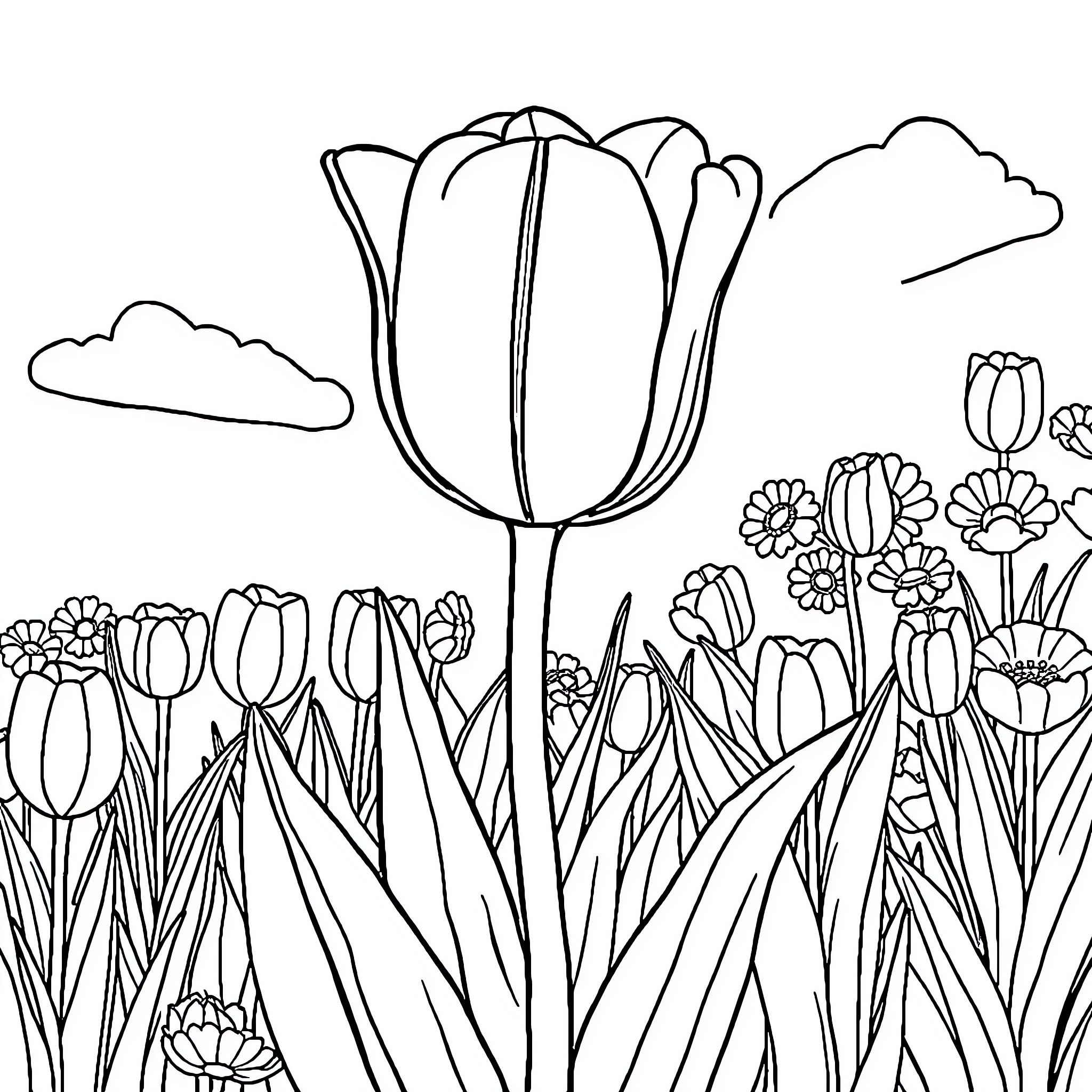 Tulip garden with blooming flowers Coloring Page (free black-and-white line drawing printable PDF for all, from beginners to advanced learners, including children, teens, adults, and seniors)