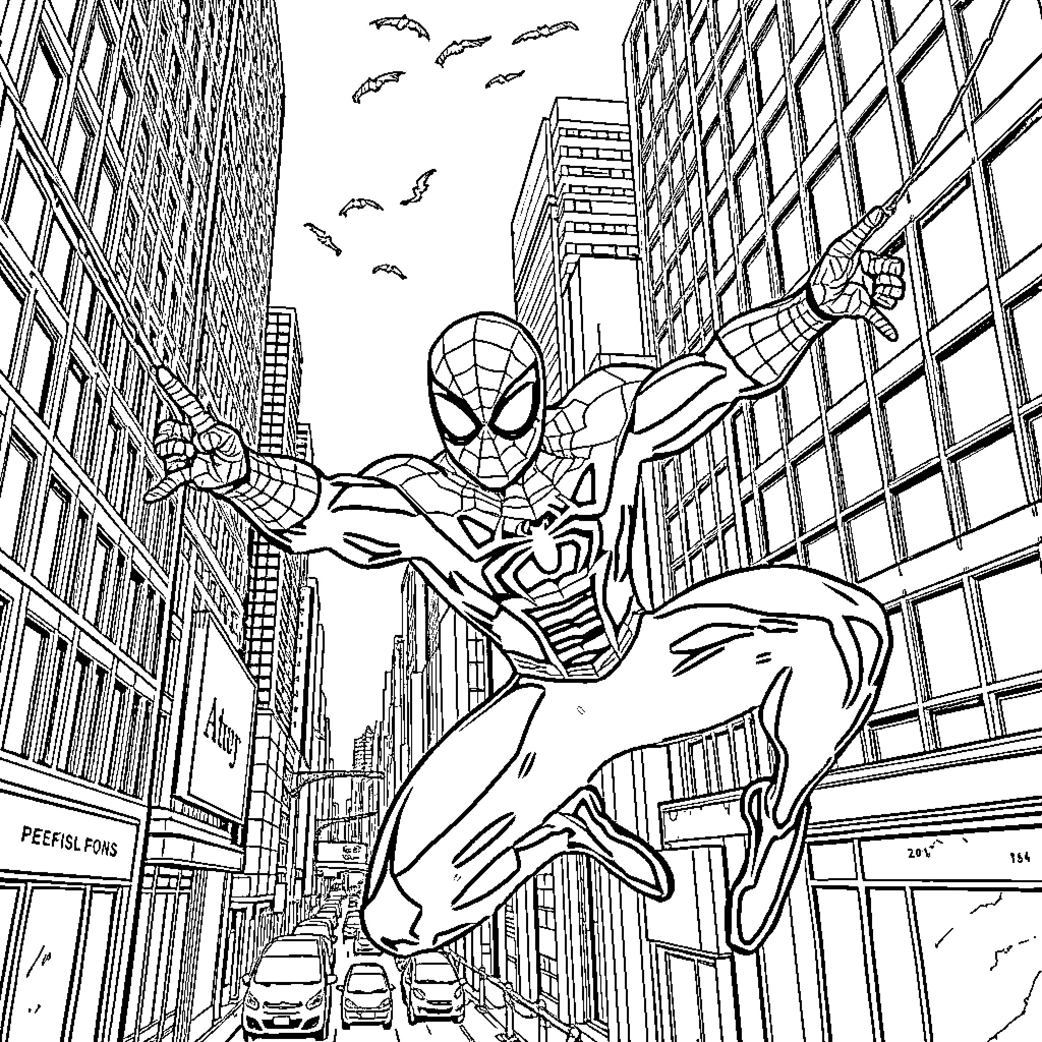 Spiderman swinging through a busy city street Coloring Page (free black-and-white line drawing printable PDF for all, from beginners to advanced learners, including children, teens, adults, and seniors)