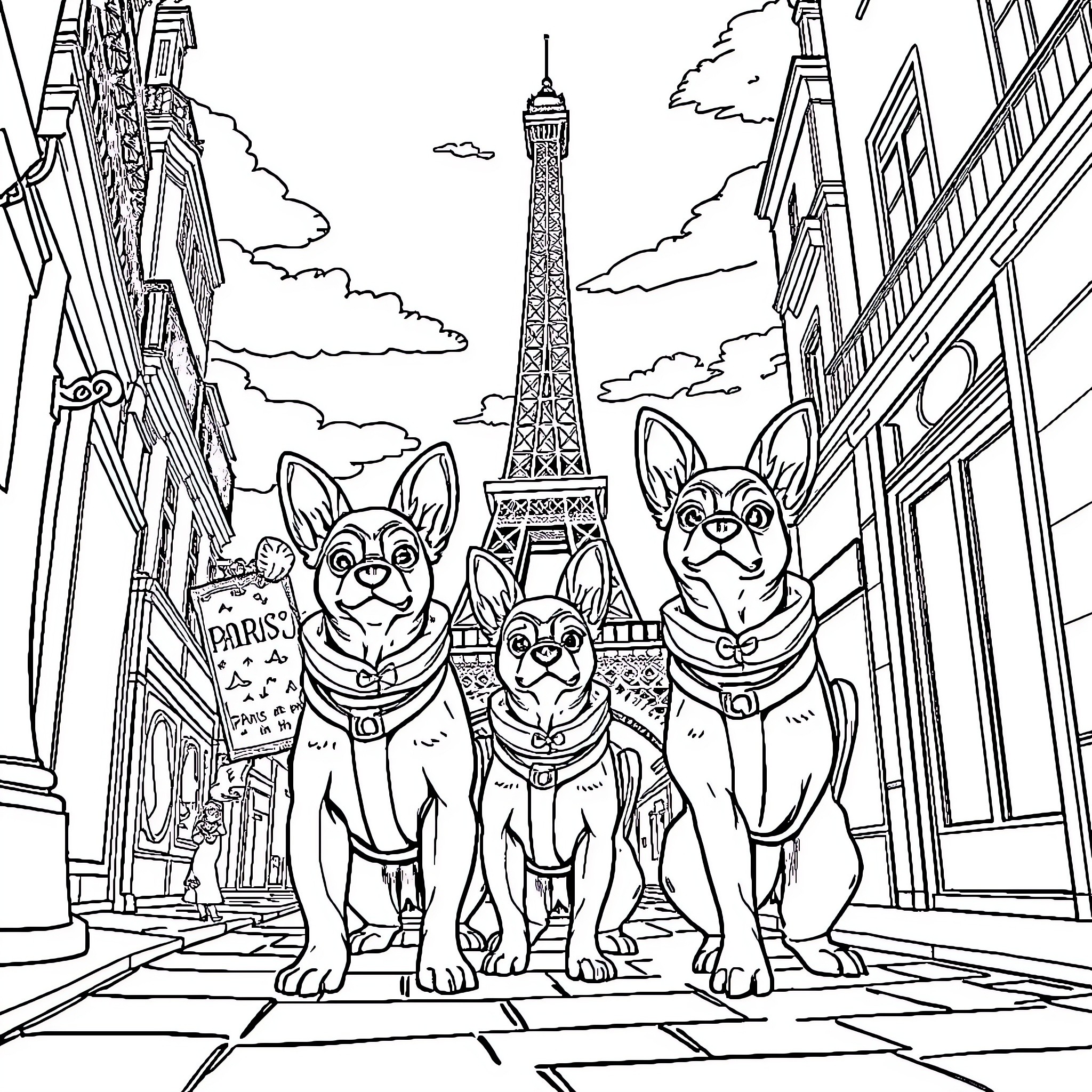 Paw Patrol Trio Exploring Parisian Landmarks Coloring Page (free black-and-white line drawing printable PDF for all, from beginners to advanced learners, including children, teens, adults, and seniors)