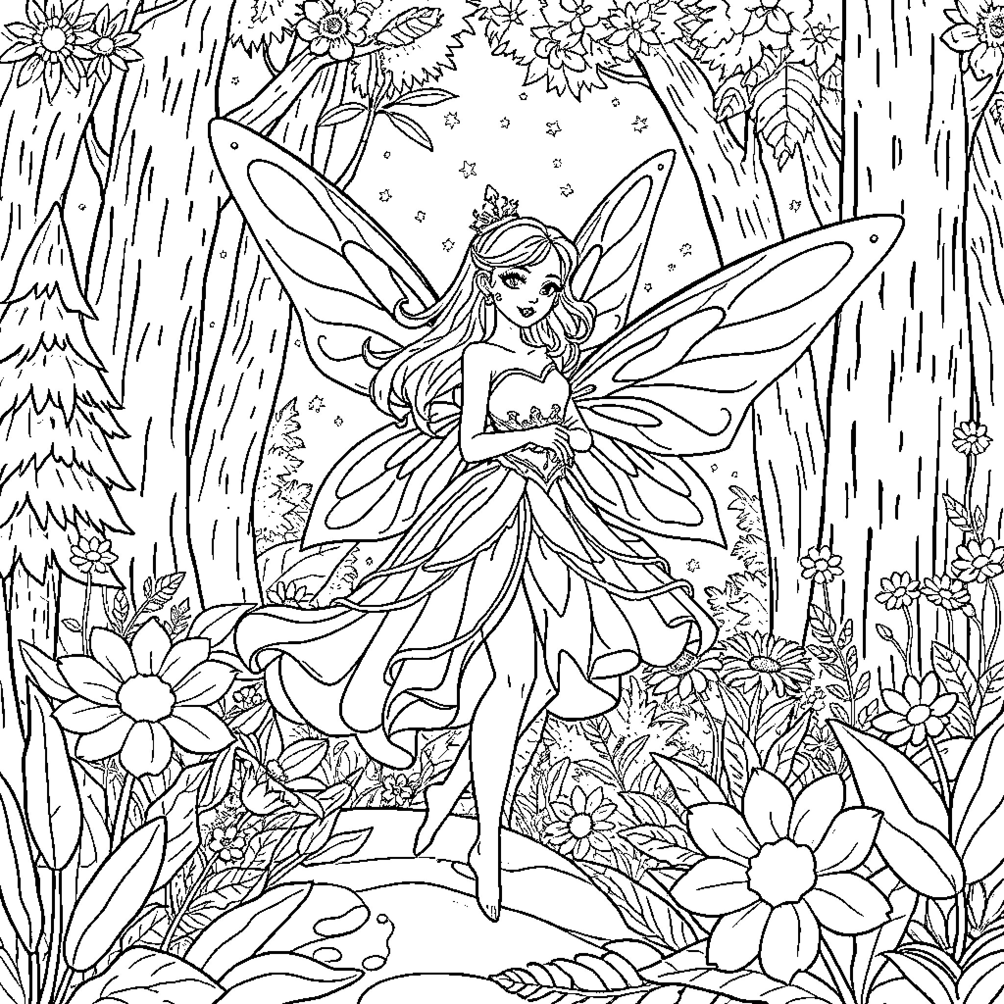 Fairy Enchantress in Floral Wonderland Coloring Page (free black-and-white line drawing printable PDF for all, from beginners to advanced learners, including children, teens, adults, and seniors)