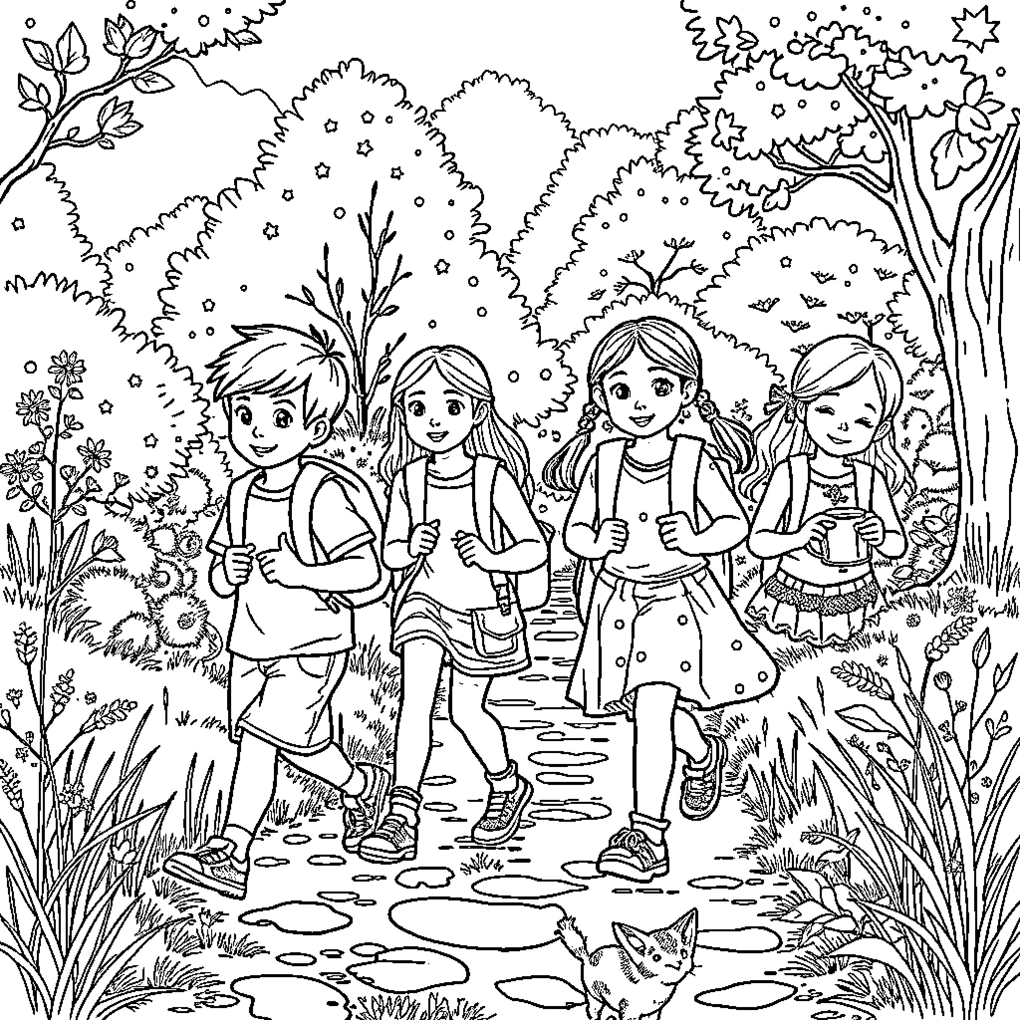 Child friends exploring nature on a pathway Coloring Page (free black-and-white line drawing printable PDF for all, from beginners to advanced learners, including children, teens, adults, and seniors)