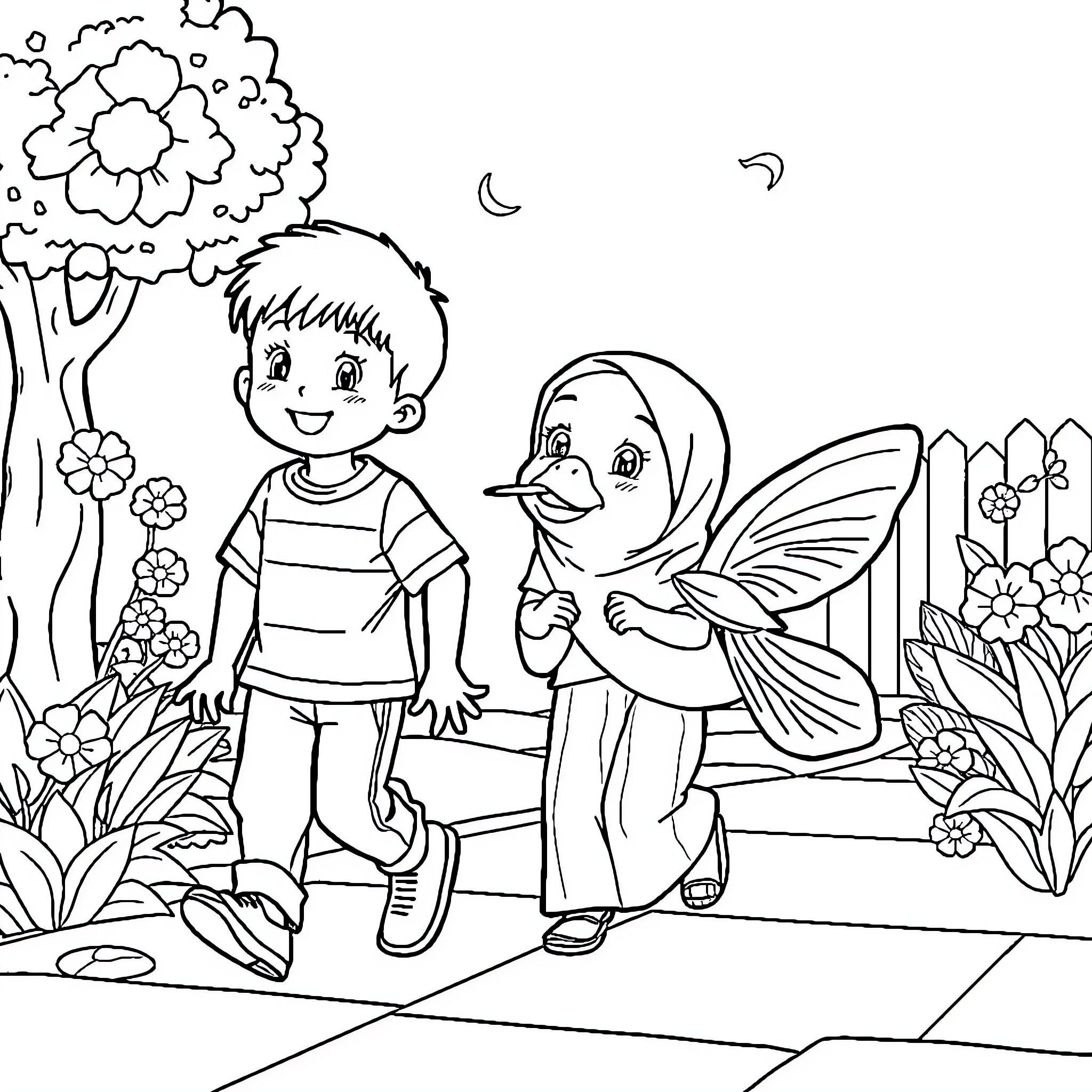Duck playing with boy in magical garden Coloring Page (free black-and-white line drawing printable PDF for all, from beginners to advanced learners, including children, teens, adults, and seniors)