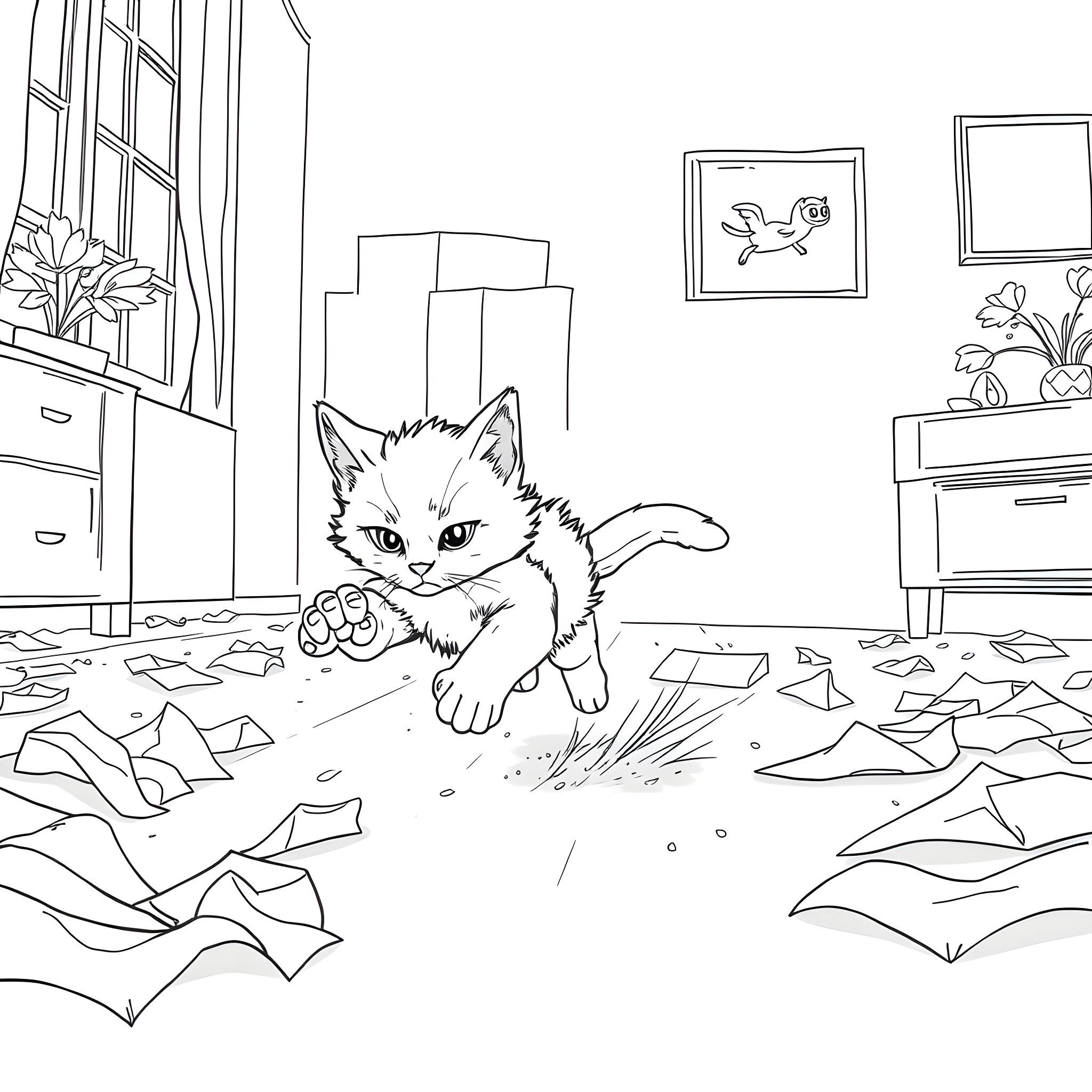 Cat exploring a messy room Coloring Page (free black-and-white line drawing printable PDF for all, from beginners to advanced learners, including children, teens, adults, and seniors)