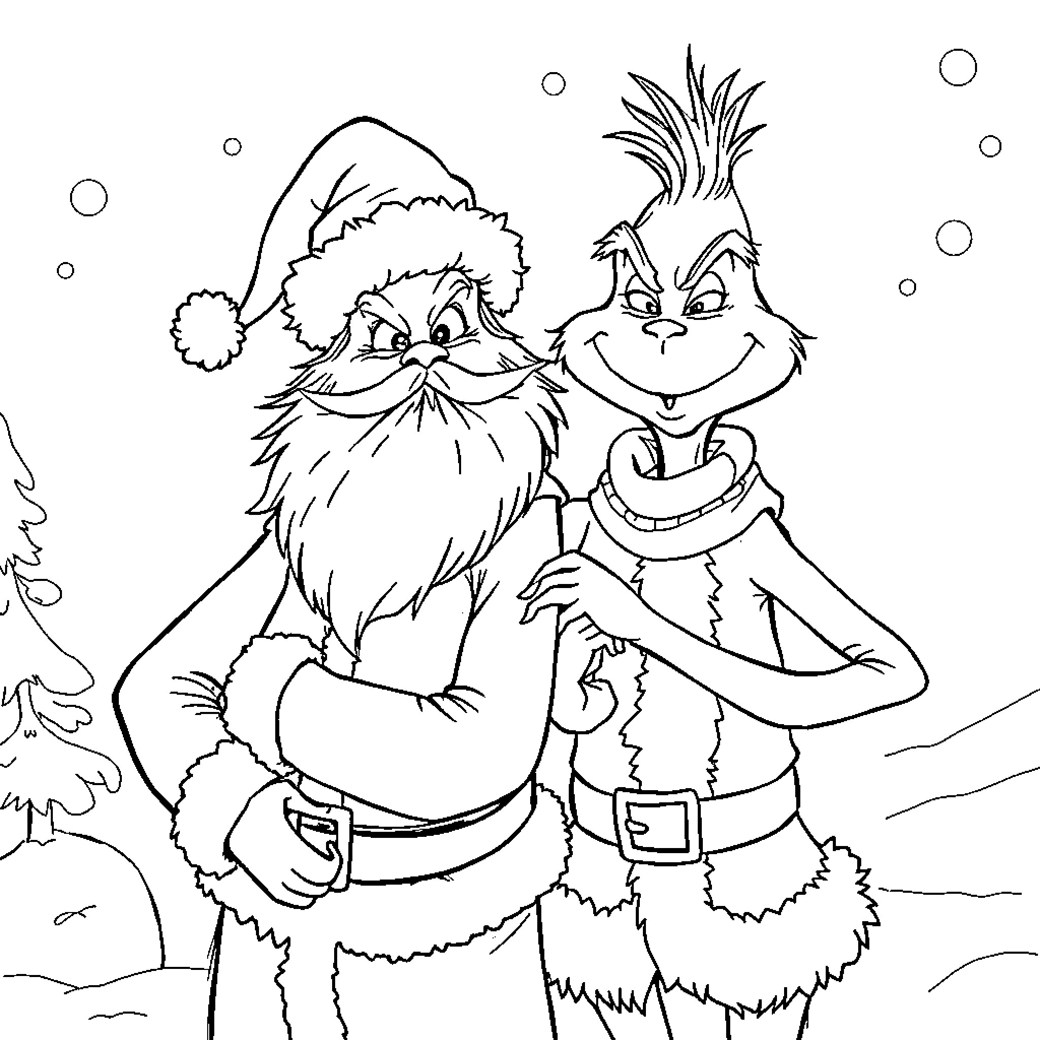 Grinch and Cindy Lou Who in a Whimsical Winter Scene Coloring Page (free black-and-white line drawing printable PDF for all, from beginners to advanced learners, including children, teens, adults, and seniors)