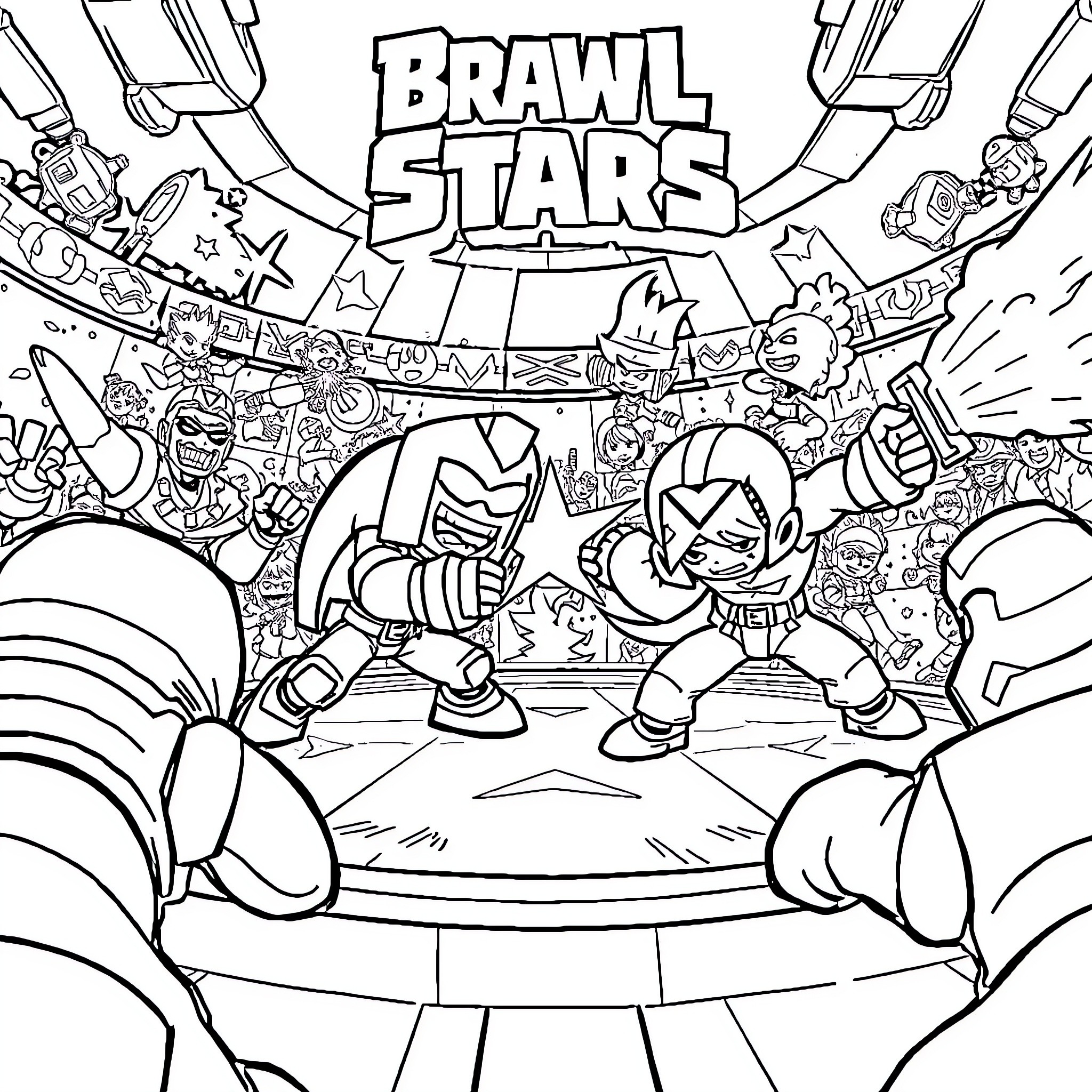 Brawl Stars Characters Engaged in Combat Coloring Page (free black-and-white line drawing printable PDF for all, from beginners to advanced learners, including children, teens, adults, and seniors)