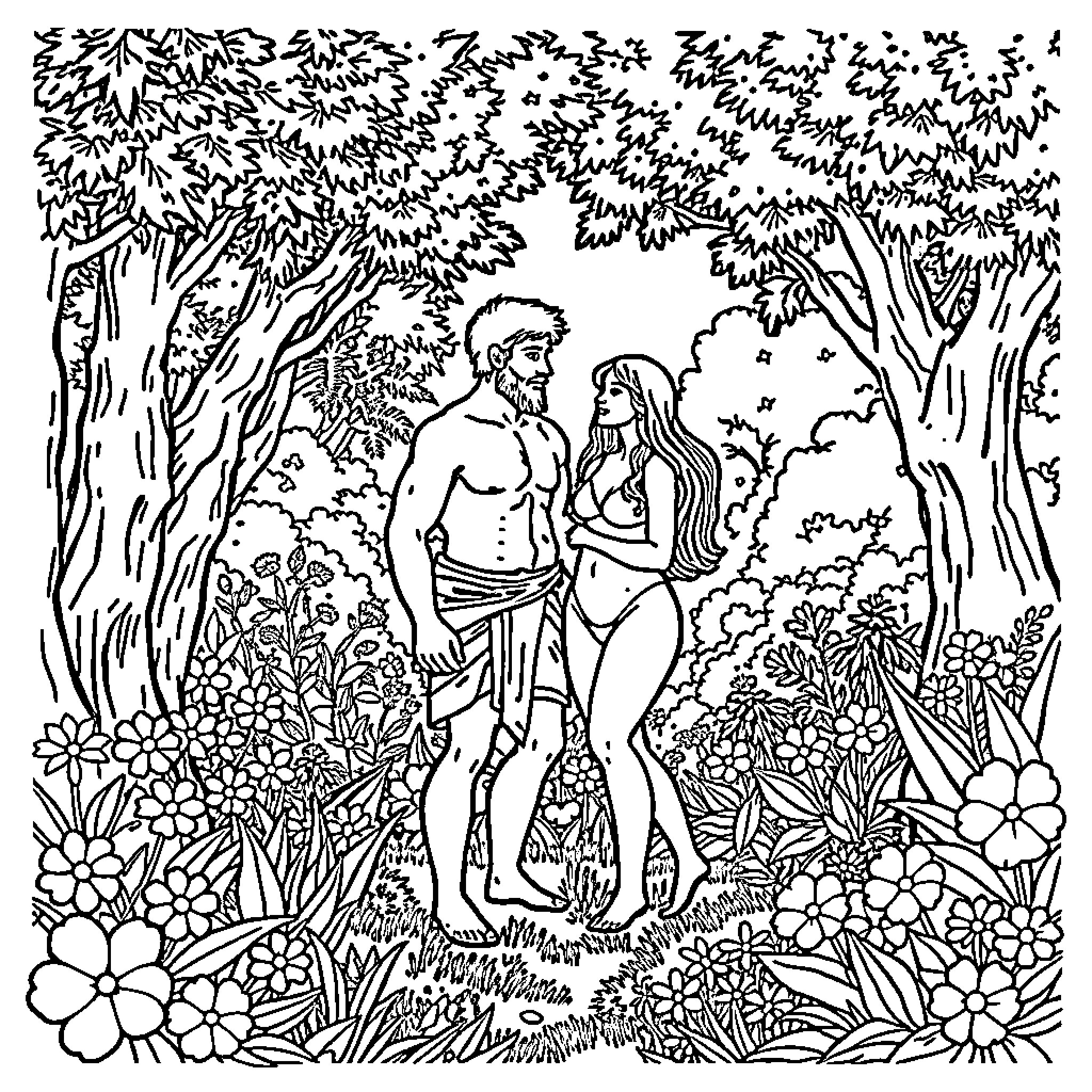 Adam and Eve in the Garden of Eden Coloring Page (free black-and-white line drawing printable PDF for all, from beginners to advanced learners, including children, teens, adults, and seniors)
