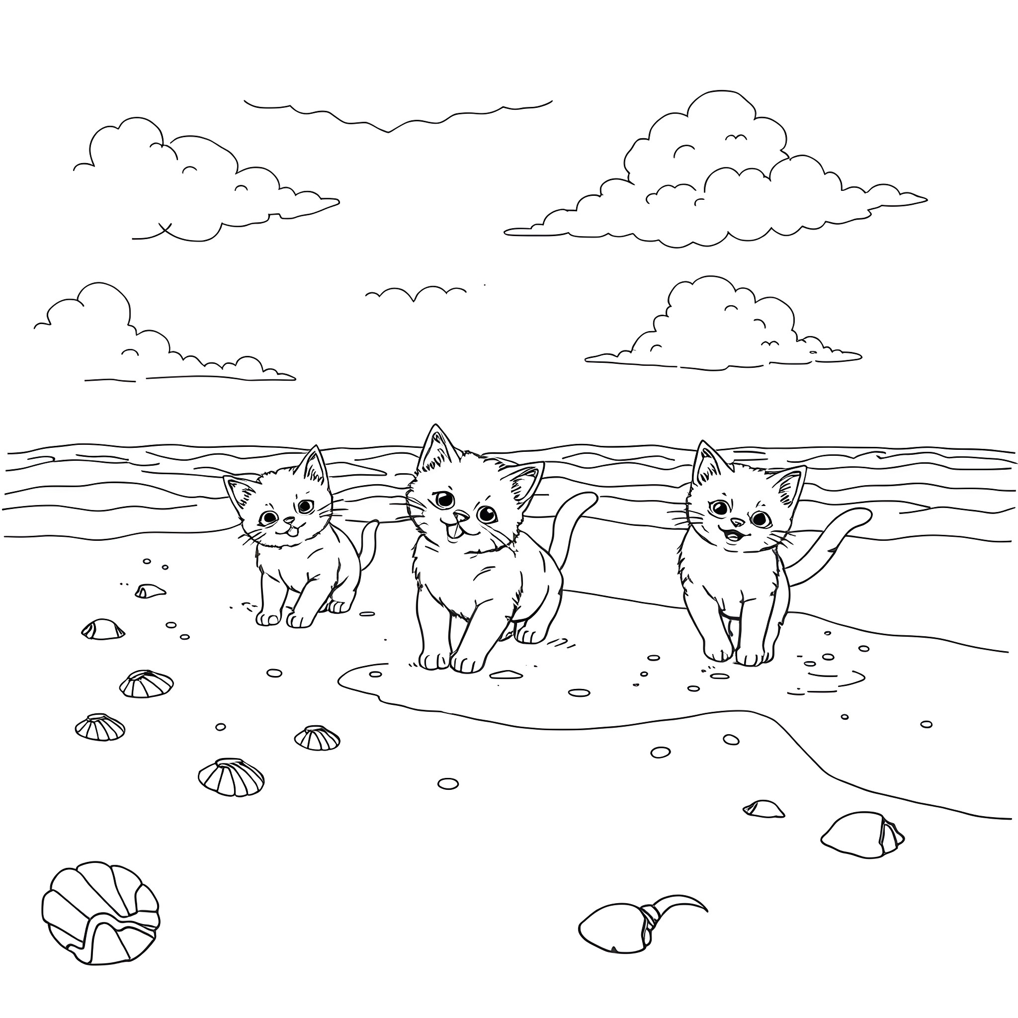 Kitty companions playing by the beach Coloring Page (free black-and-white line drawing printable PDF for all, from beginners to advanced learners, including children, teens, adults, and seniors)