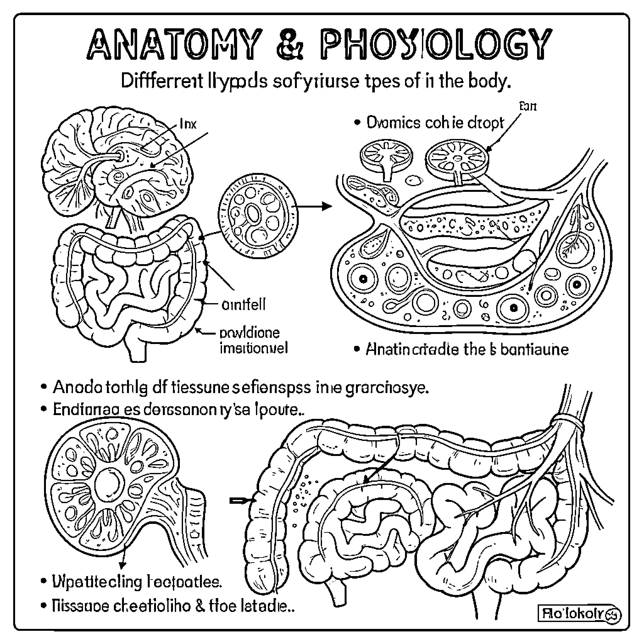 Tissue diagrams showing various anatomical structures and biological components Coloring Page (free black-and-white line drawing printable PDF for all, from beginners to advanced learners, including children, teens, adults, and seniors)