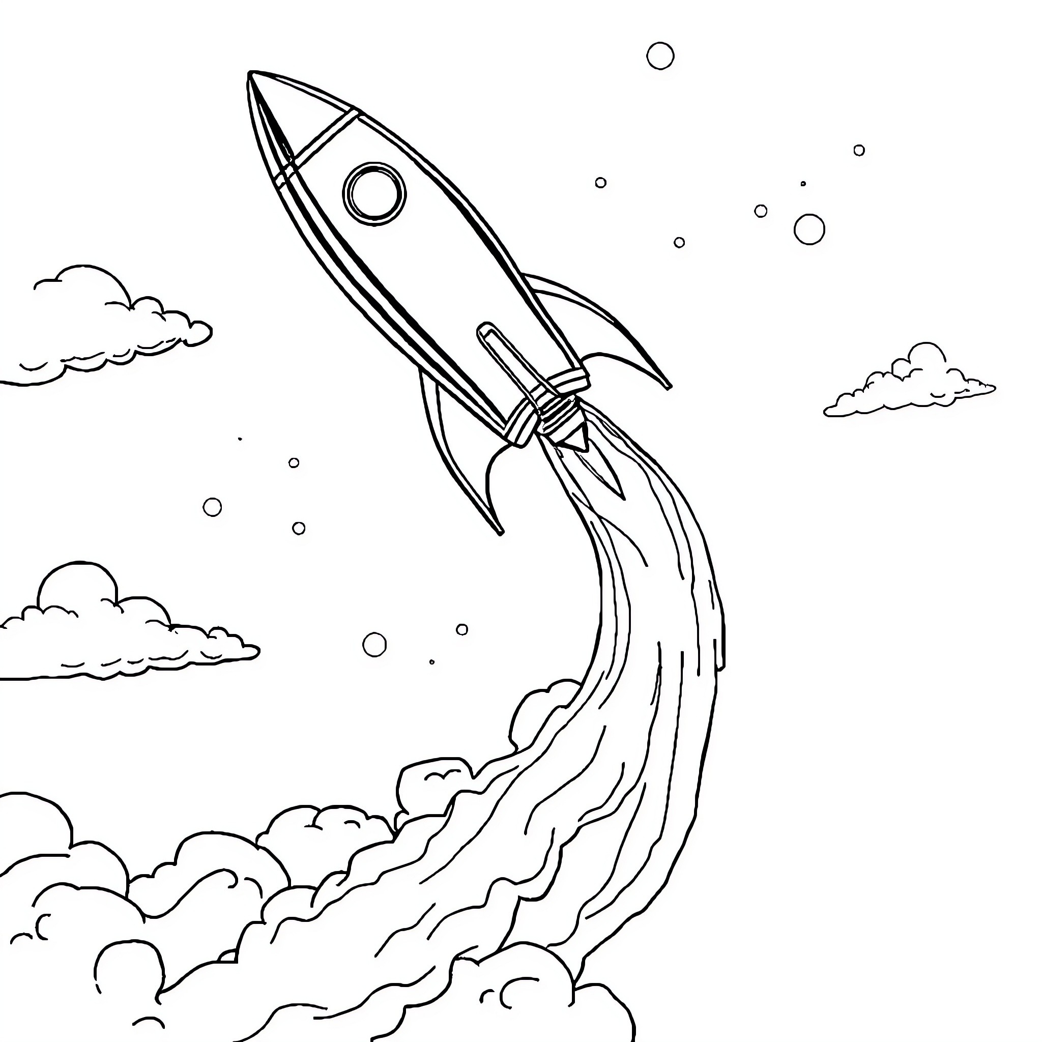 Rocket blasting off into the cloudy sky Coloring Page (free black-and-white line drawing printable PDF for all, from beginners to advanced learners, including children, teens, adults, and seniors)
