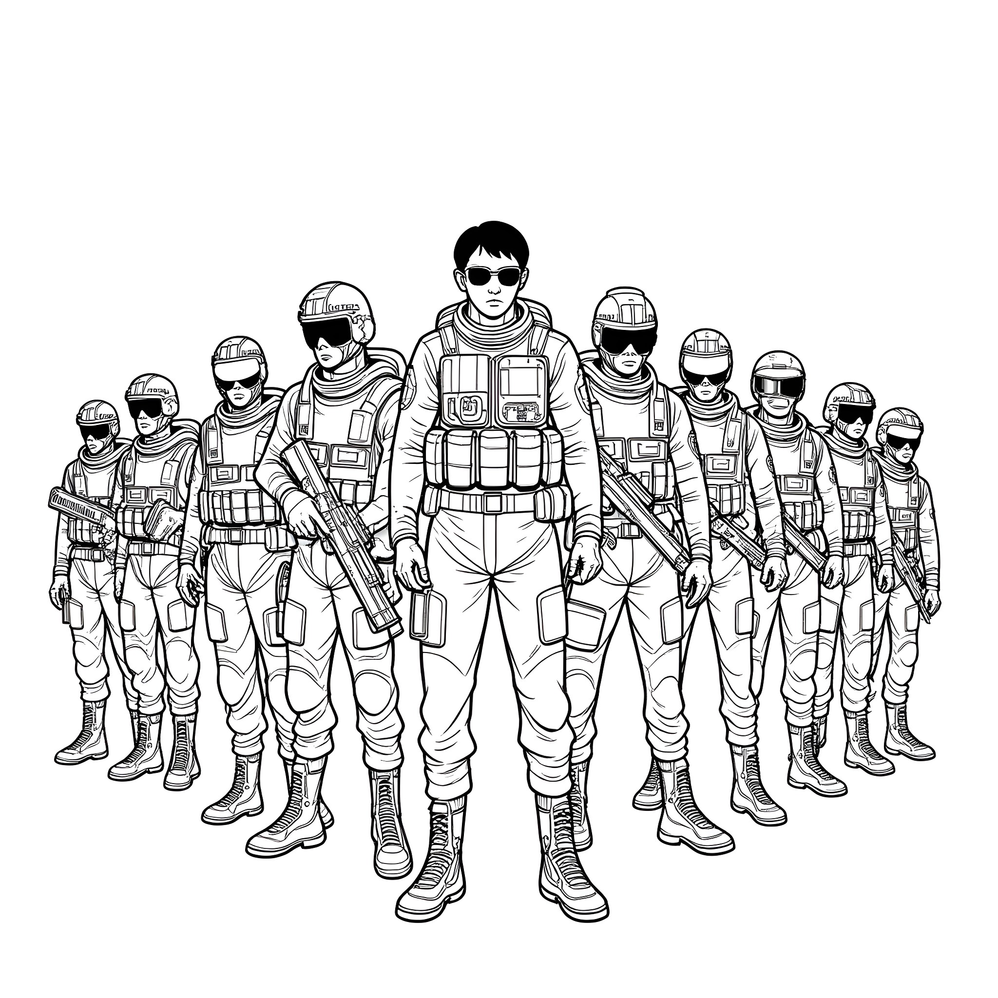 Soldier Squad in Uniform Ready for Action Coloring Page (free black-and-white line drawing printable PDF for all, from beginners to advanced learners, including children, teens, adults, and seniors)