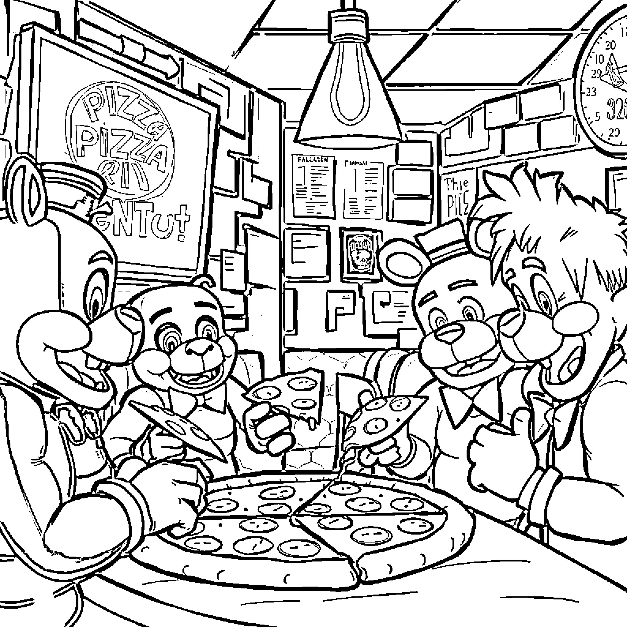 Freddy's Pizza Night with Cartoon Characters Coloring Page (free black-and-white line drawing printable PDF for all, from beginners to advanced learners, including children, teens, adults, and seniors)