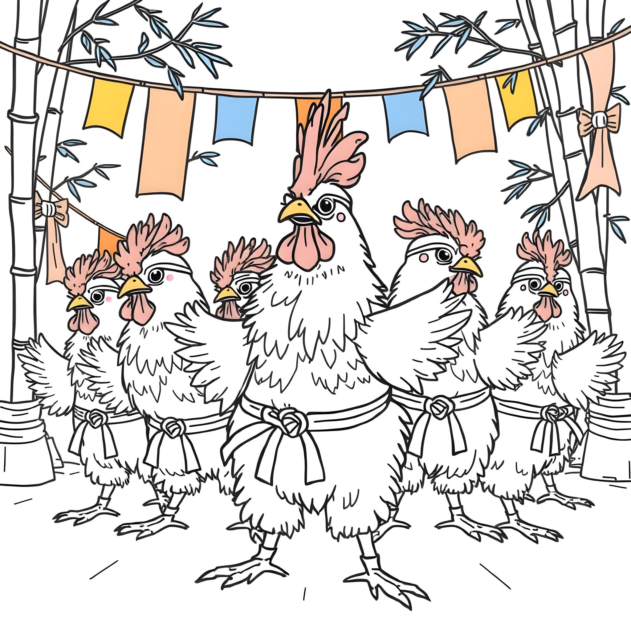 Chickens celebrating with colorful flags Coloring Page (free black-and-white line drawing printable PDF for all, from beginners to advanced learners, including children, teens, adults, and seniors)