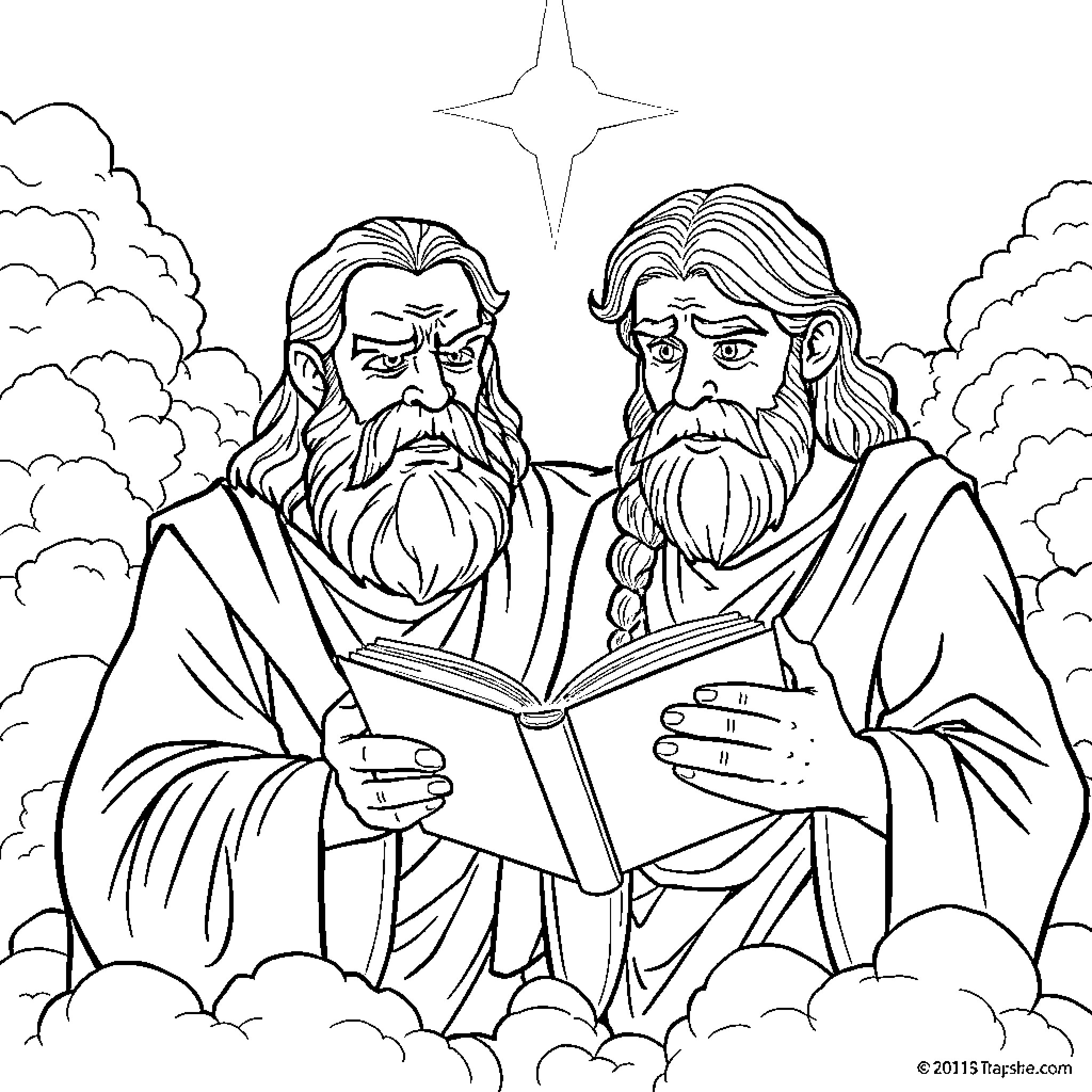 Apostle Peter and a companion reading from a book in the clouds Coloring Page (free black-and-white line drawing printable PDF for all, from beginners to advanced learners, including children, teens, adults, and seniors)