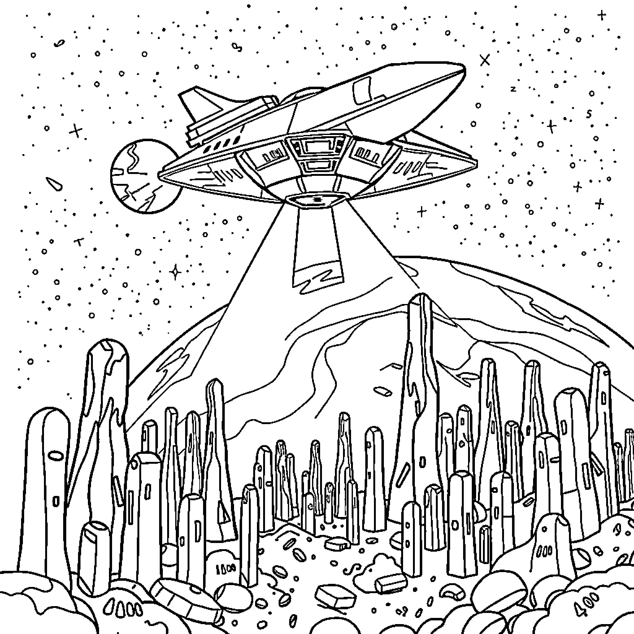 Spaceship flying over rocky alien landscape Coloring Page (free black-and-white line drawing printable PDF for all, from beginners to advanced learners, including children, teens, adults, and seniors)