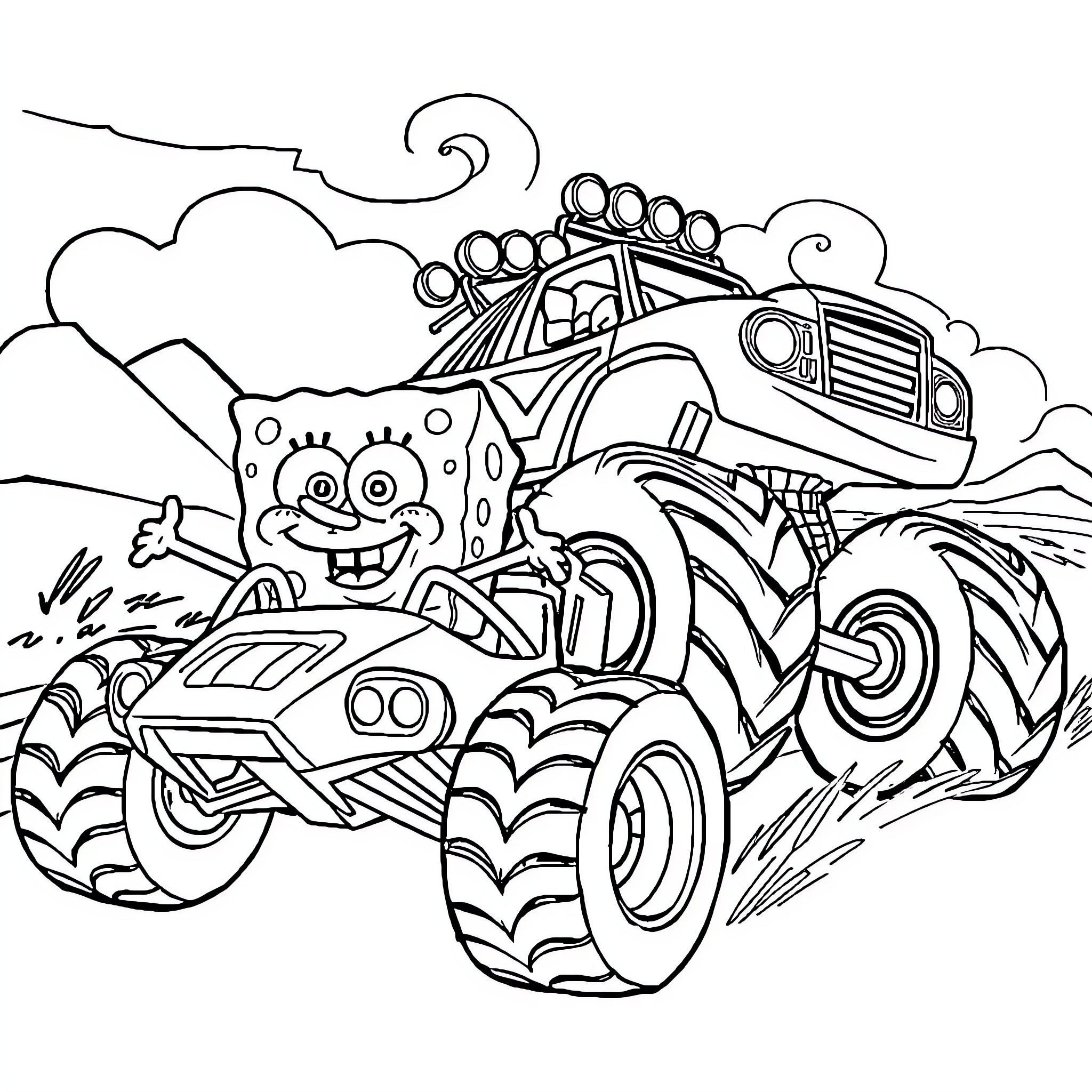 Blaze Riding Monster Truck on Rugged Terrain Coloring Page (free black-and-white line drawing printable PDF for all, from beginners to advanced learners, including children, teens, adults, and seniors)