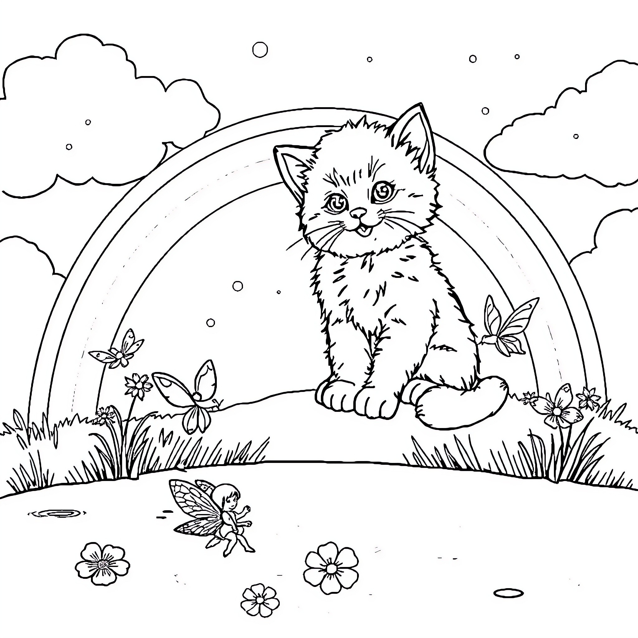 Kitten surrounded by butterflies and flowers Coloring Page (free black-and-white line drawing printable PDF for all, from beginners to advanced learners, including children, teens, adults, and seniors)