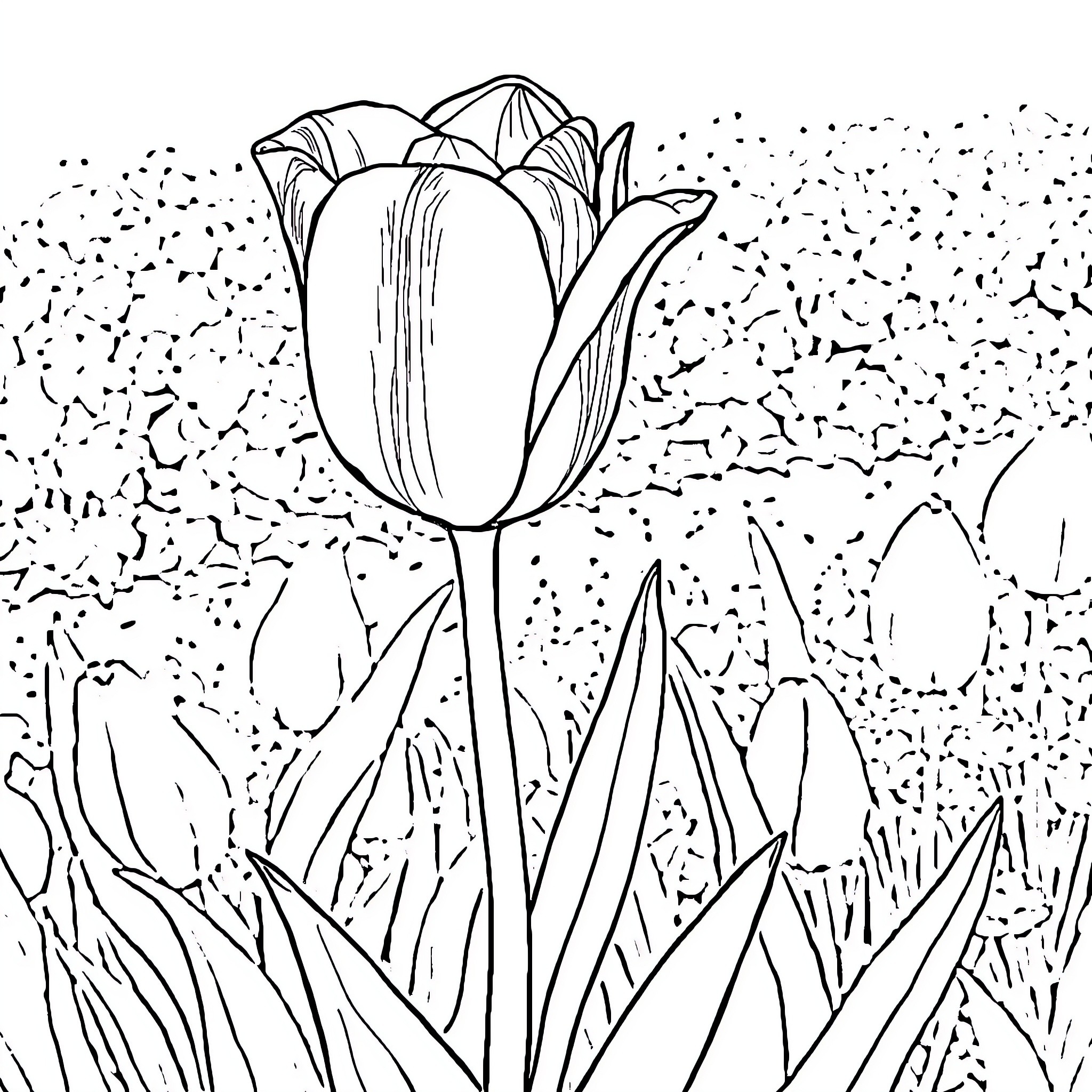 Princess Blooming Tulip in the Garden Coloring Page (free black-and-white line drawing printable PDF for all, from beginners to advanced learners, including children, teens, adults, and seniors)