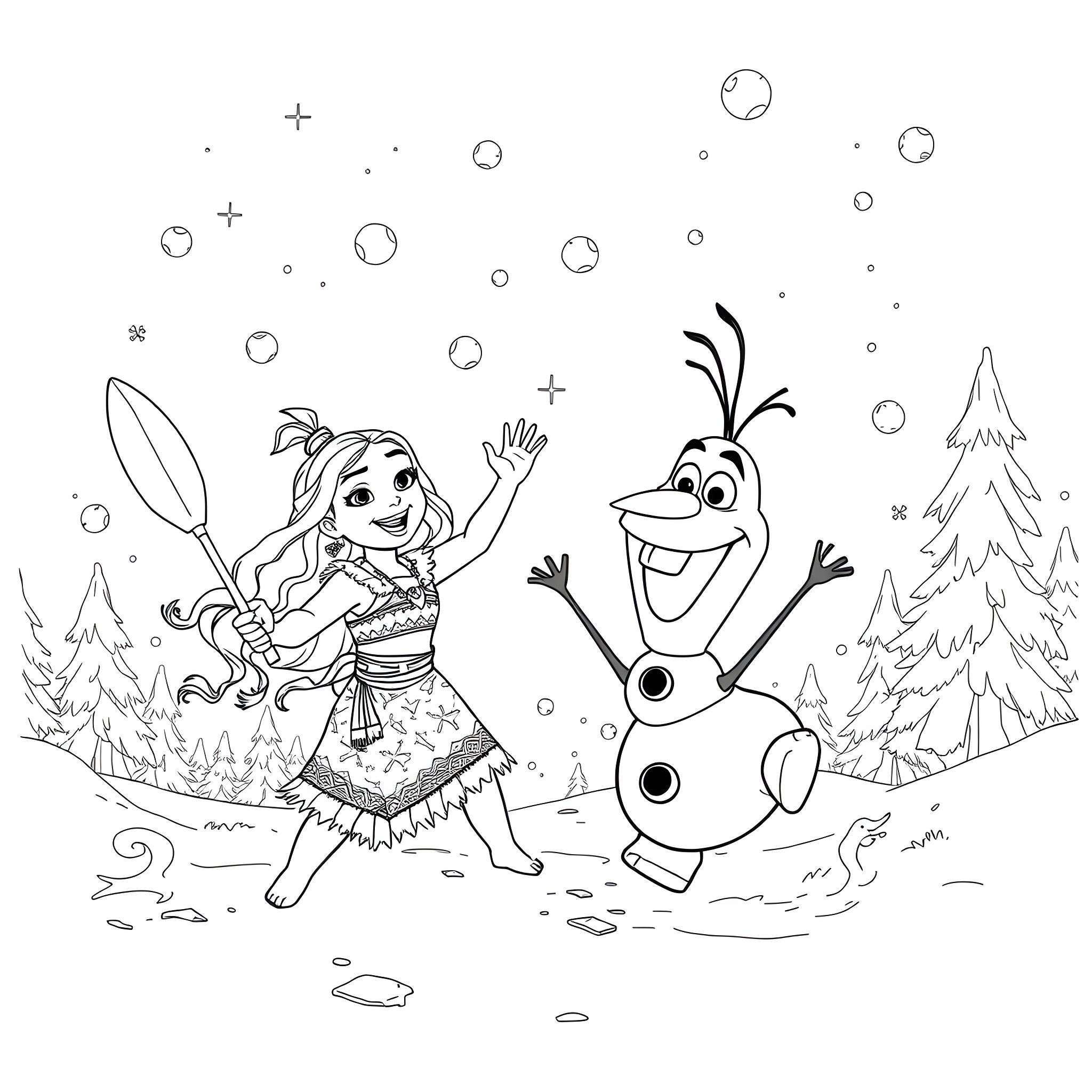 Moana and Olaf playing in the snow Coloring Page (free black-and-white line drawing printable PDF for all, from beginners to advanced learners, including children, teens, adults, and seniors)