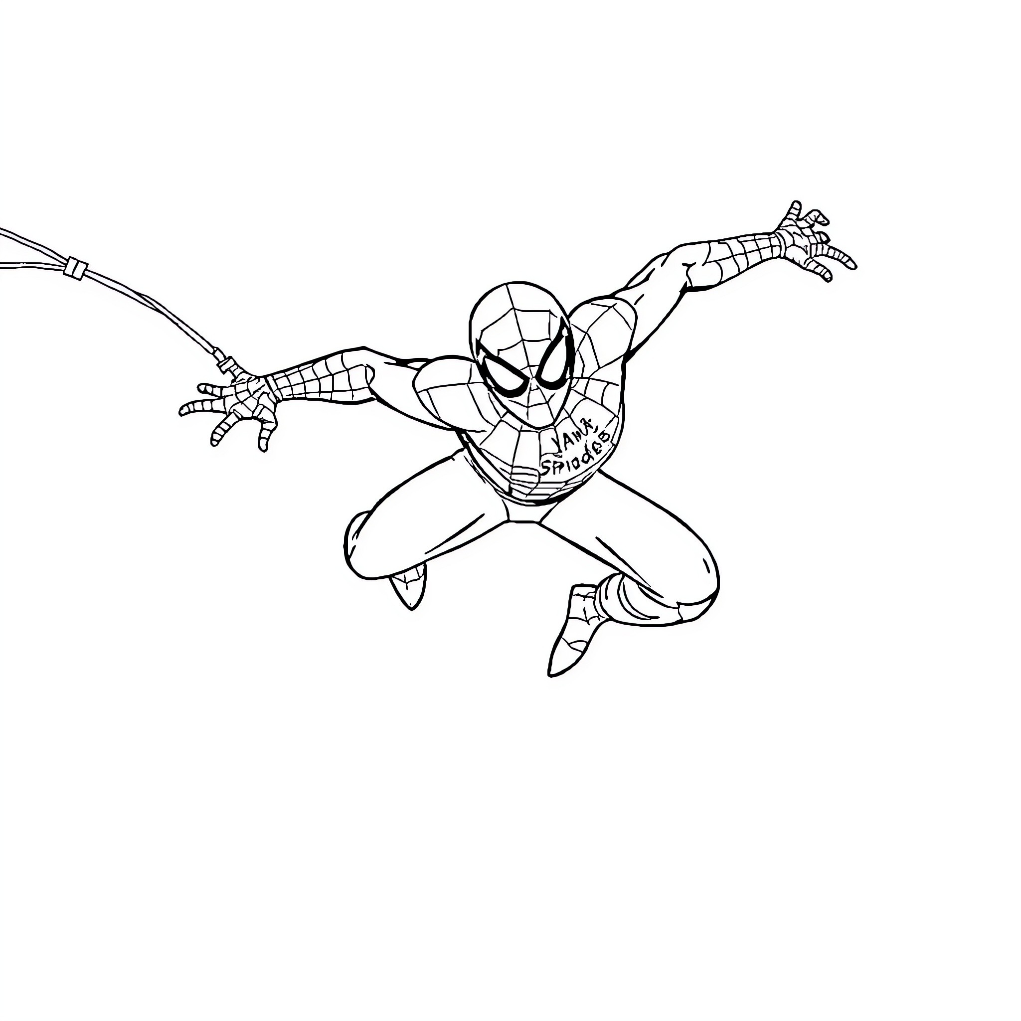 Spiderman swinging through the city Coloring Page (free black-and-white line drawing printable PDF for all, from beginners to advanced learners, including children, teens, adults, and seniors)
