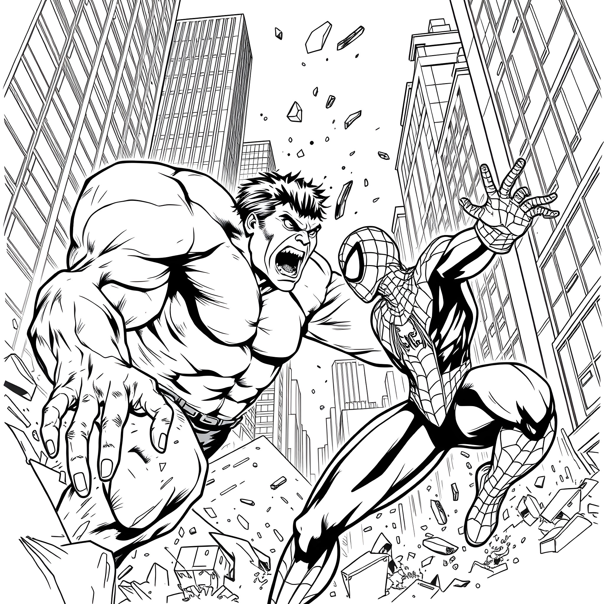 Hulk and Spider-Man battle in the city Coloring Page (free black-and-white line drawing printable PDF for all, from beginners to advanced learners, including children, teens, adults, and seniors)