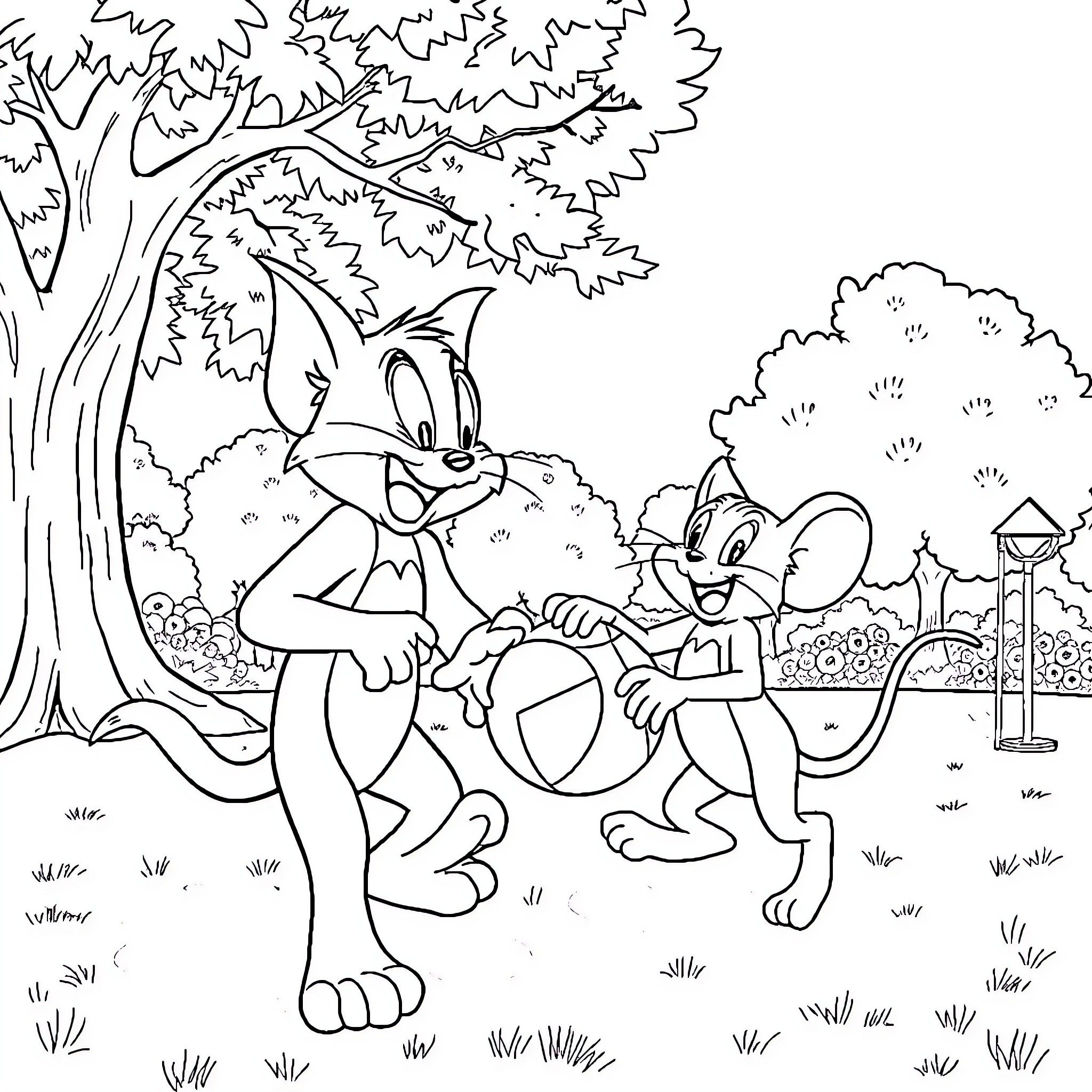 Tom and Jerry chase and mischief in the park Coloring Page (free black-and-white line drawing printable PDF for all, from beginners to advanced learners, including children, teens, adults, and seniors)